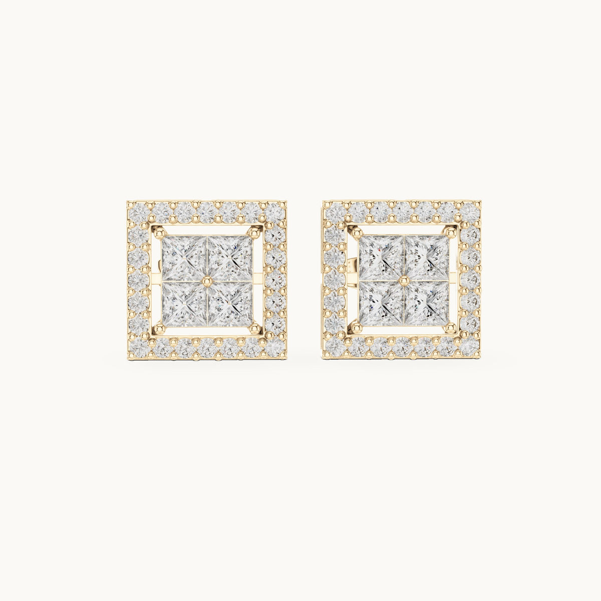 Princess-cut and round lab-grown diamond square halo stud earrings in yellow gold, 1.66 CT TW, view 4