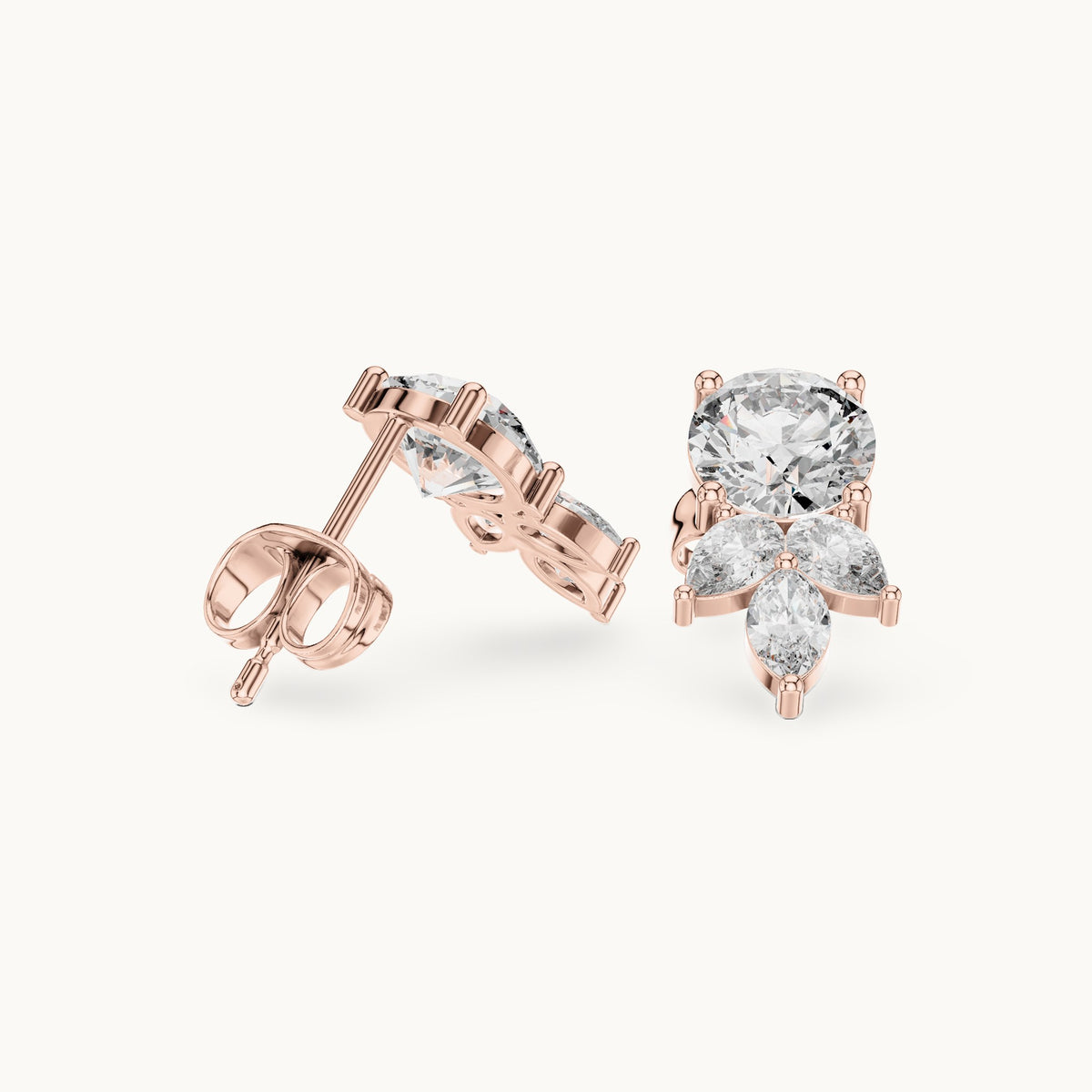 Round, pear and marquise lab-grown diamond cluster stud earrings in rose gold, 2.51 CT TW, view 1