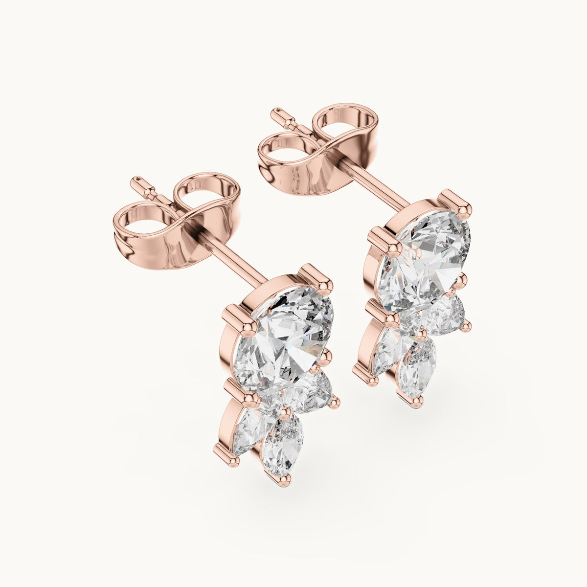 Round, pear and marquise lab-grown diamond cluster stud earrings in rose gold, 2.51 CT TW, view 2