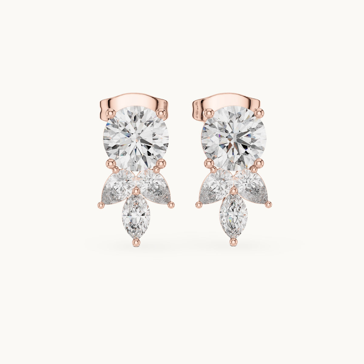 Round, pear and marquise lab-grown diamond cluster stud earrings in rose gold, 2.51 CT TW, view 4