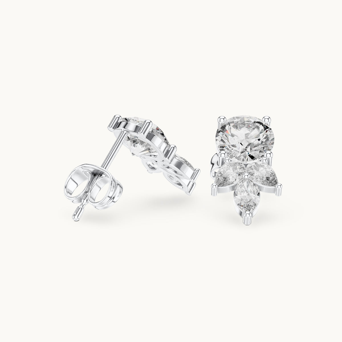 Round, pear and marquise lab-grown diamond cluster stud earrings in white gold, 2.51 CT TW, view 1