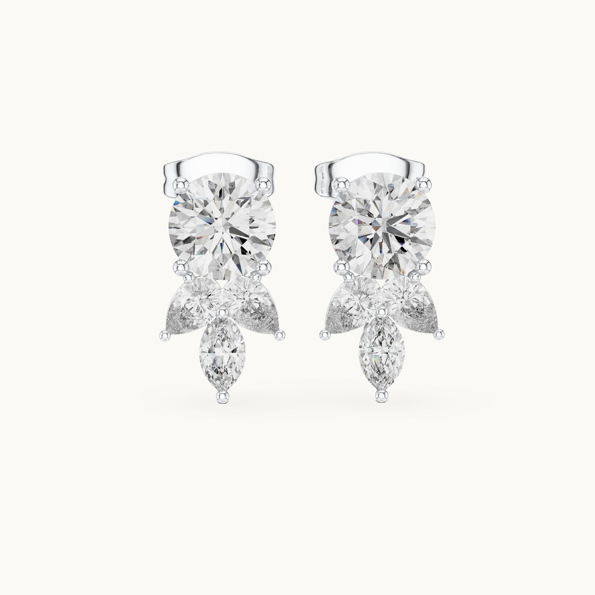 Round, pear and marquise lab-grown diamond cluster stud earrings in white gold, 2.51 CT TW, view 4