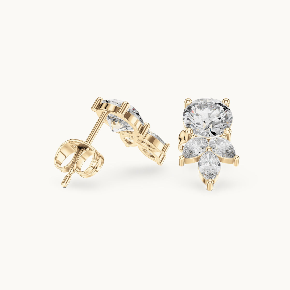 Round, pear and marquise lab-grown diamond cluster stud earrings in yellow gold, 2.51 CT TW, view 1