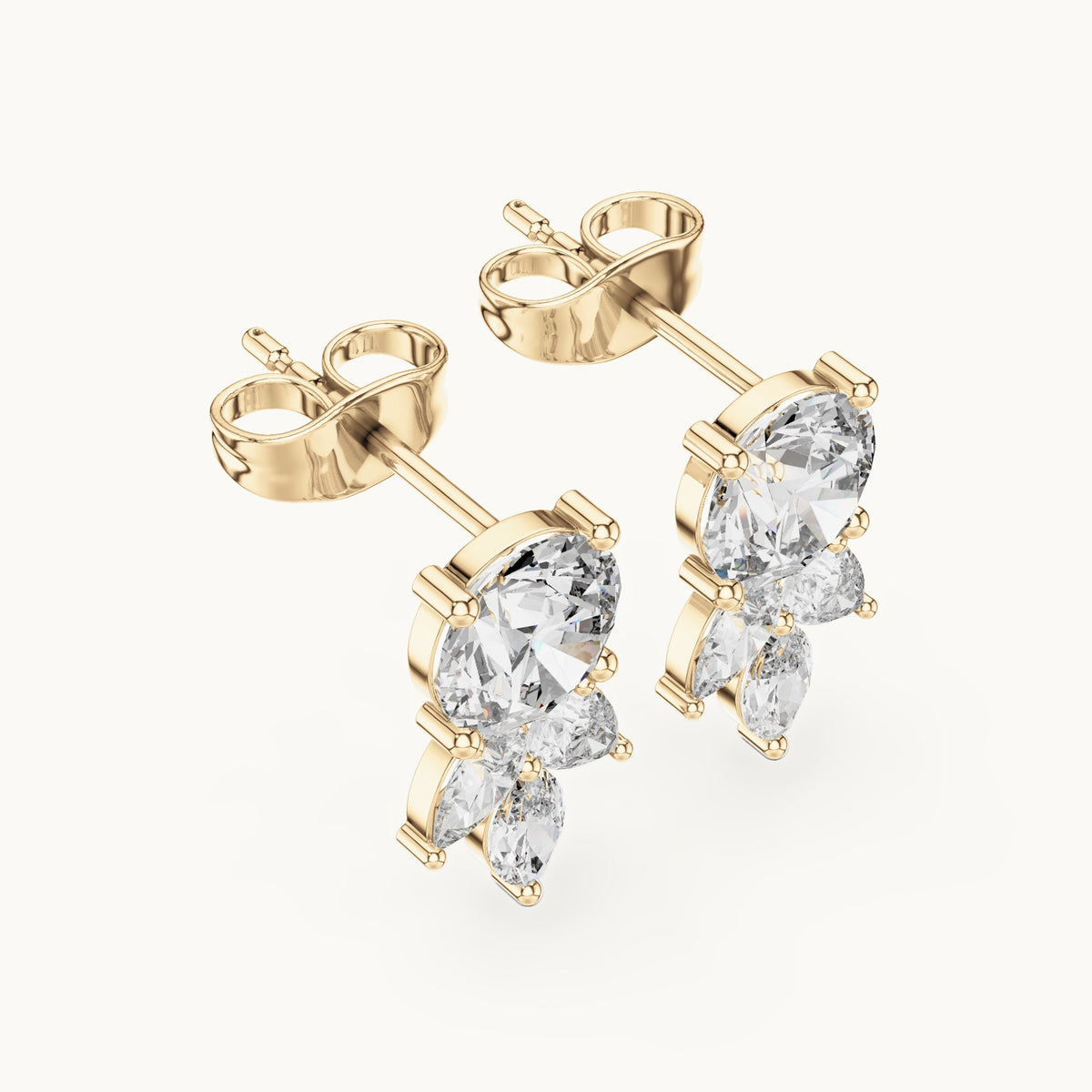 Round, pear and marquise lab-grown diamond cluster stud earrings in yellow gold, 2.51 CT TW, view 2