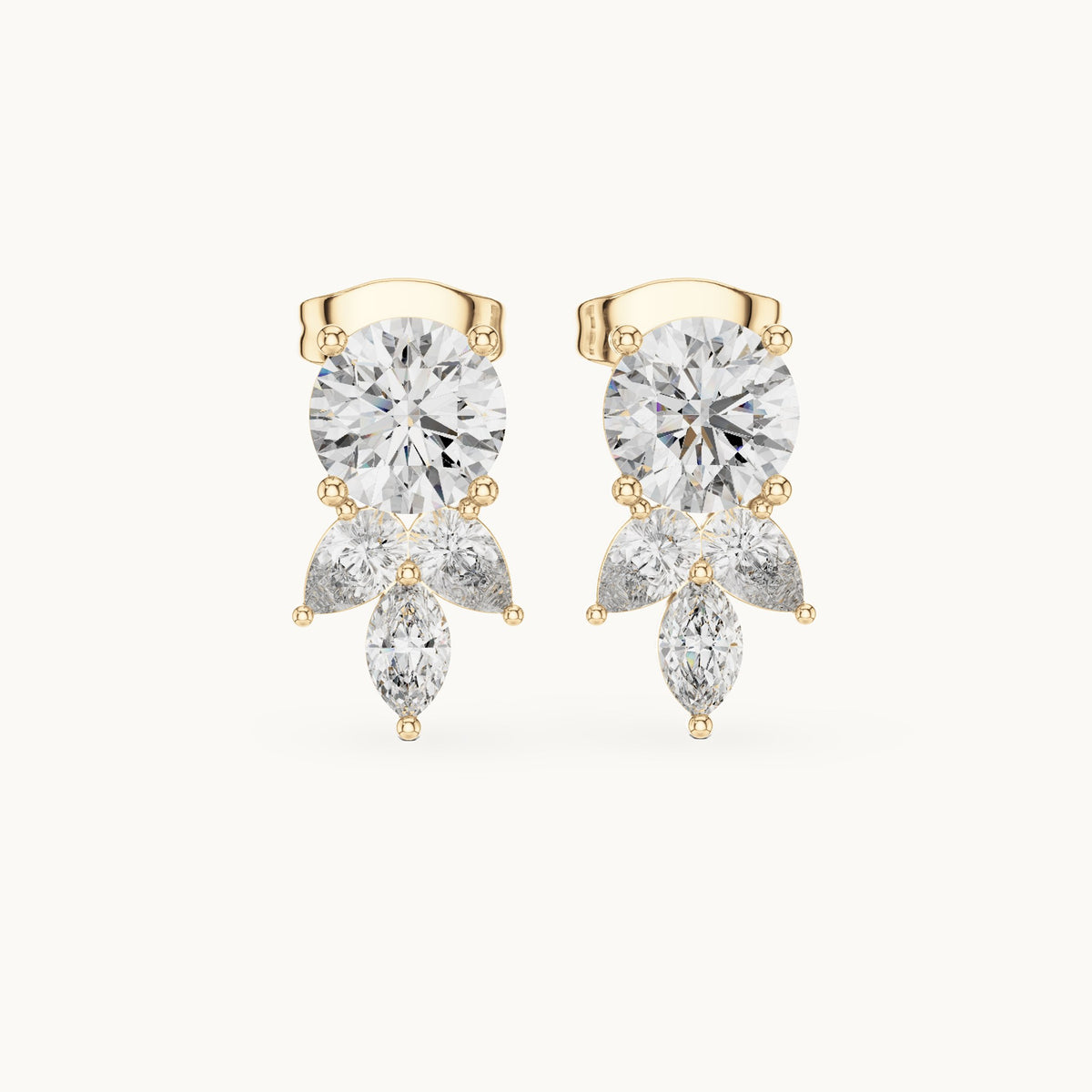 Round, pear and marquise lab-grown diamond cluster stud earrings in yellow gold, 2.51 CT TW, view 4