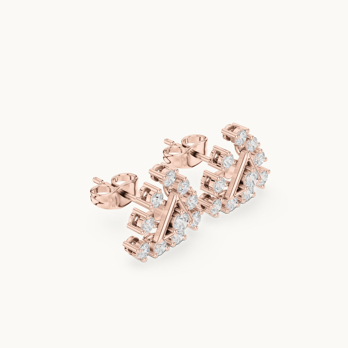 Round lab-grown diamond triangle cluster stud earrings in rose gold, 0.76 CT TW, view 1