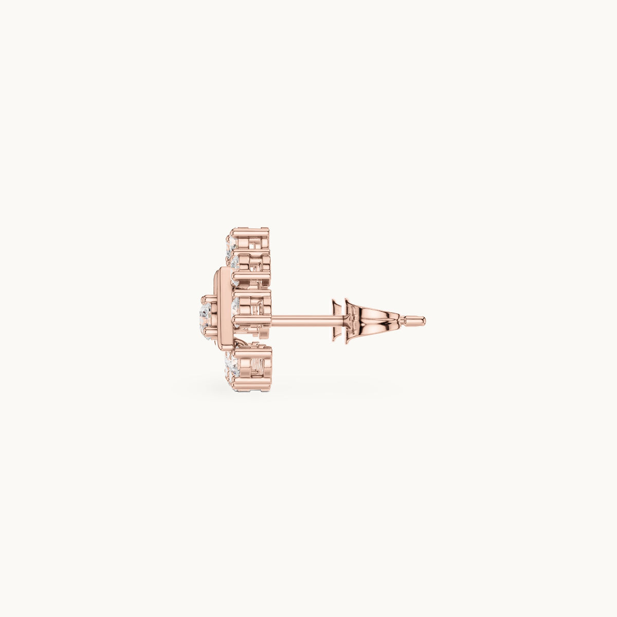 Round lab-grown diamond triangle cluster stud earrings in rose gold, 0.76 CT TW, view 3