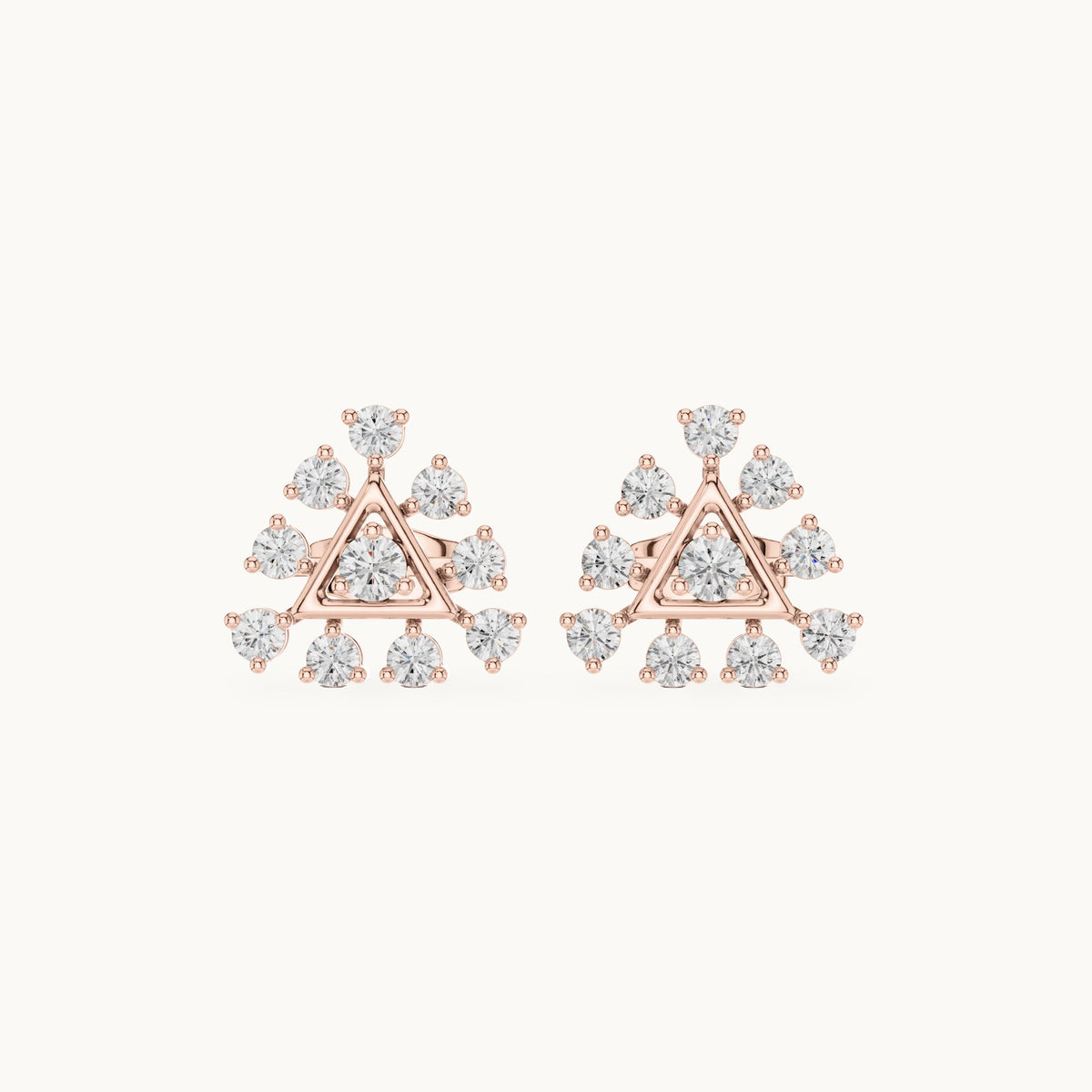 Round lab-grown diamond triangle cluster stud earrings in rose gold, 0.76 CT TW, view 4