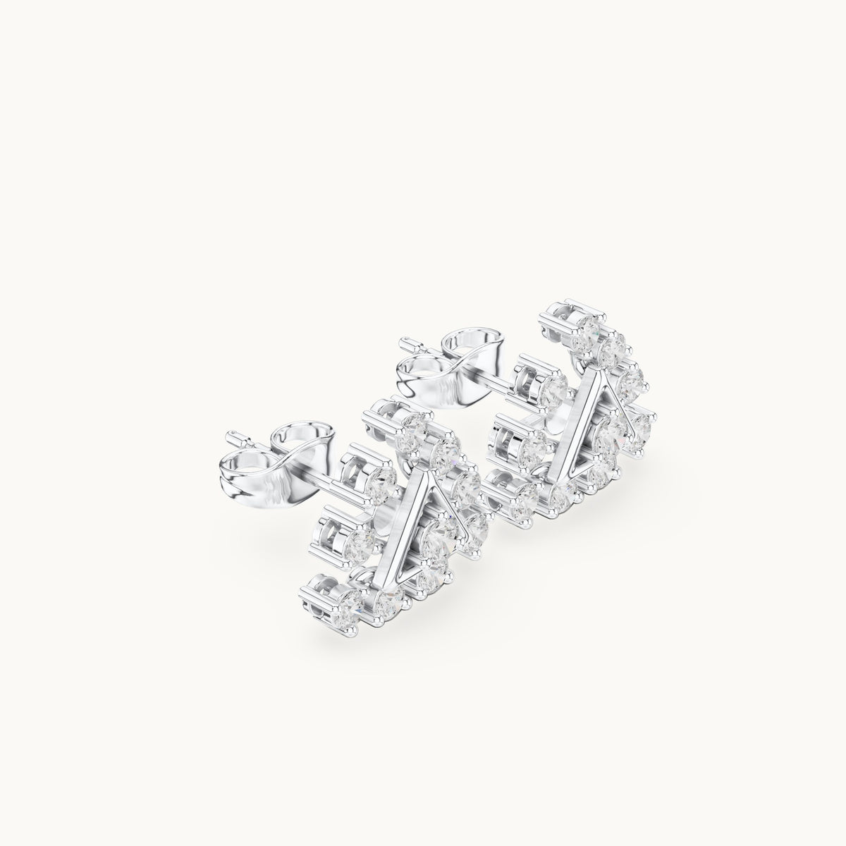 Round lab-grown diamond triangle cluster stud earrings in white gold, 0.76 CT TW, view 1