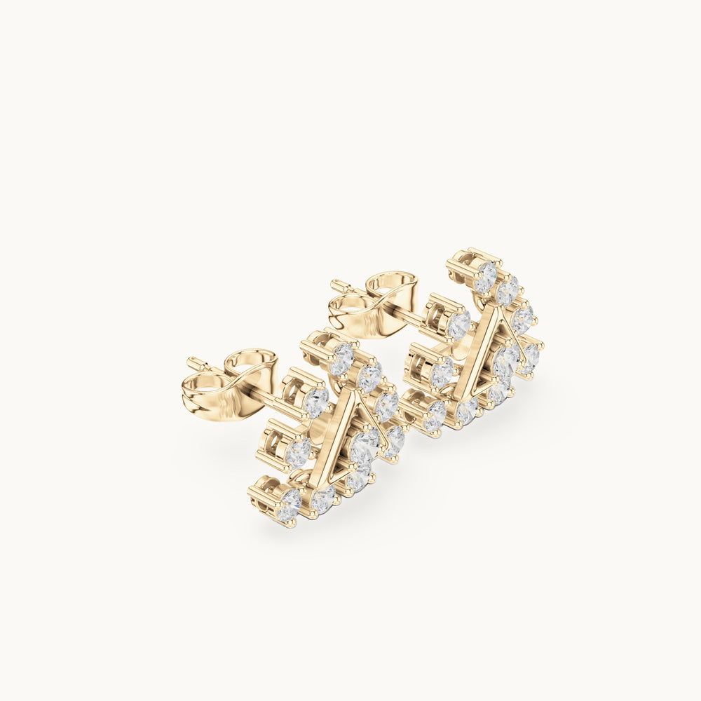 Round lab-grown diamond triangle cluster stud earrings in yellow gold, 0.76 CT TW, view 1