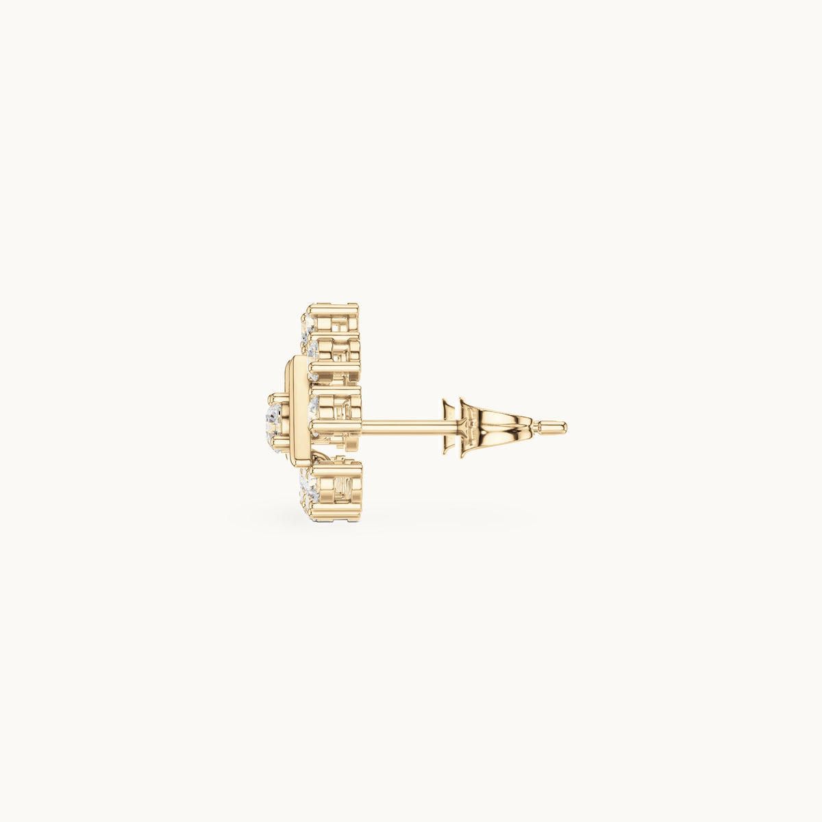 Round lab-grown diamond triangle cluster stud earrings in yellow gold, 0.76 CT TW, view 3