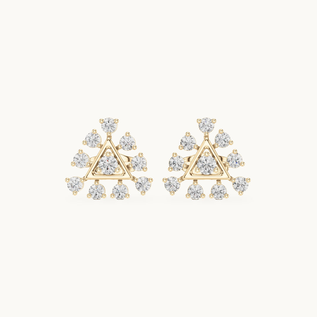 Round lab-grown diamond triangle cluster stud earrings in yellow gold, 0.76 CT TW, view 4