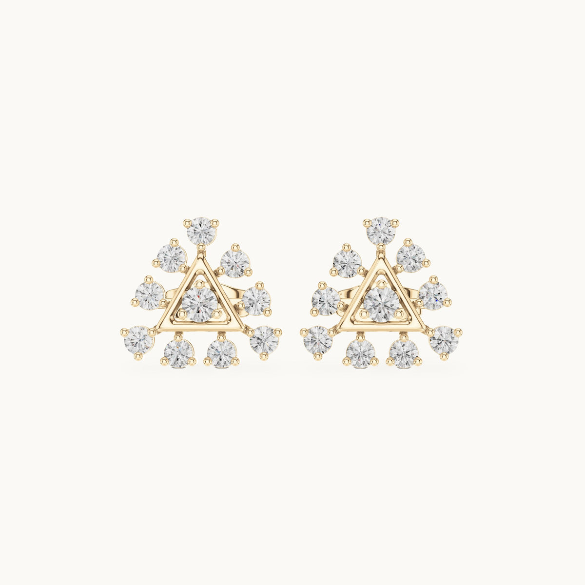 Round lab-grown diamond triangle cluster stud earrings in yellow gold, 0.76 CT TW, view 4