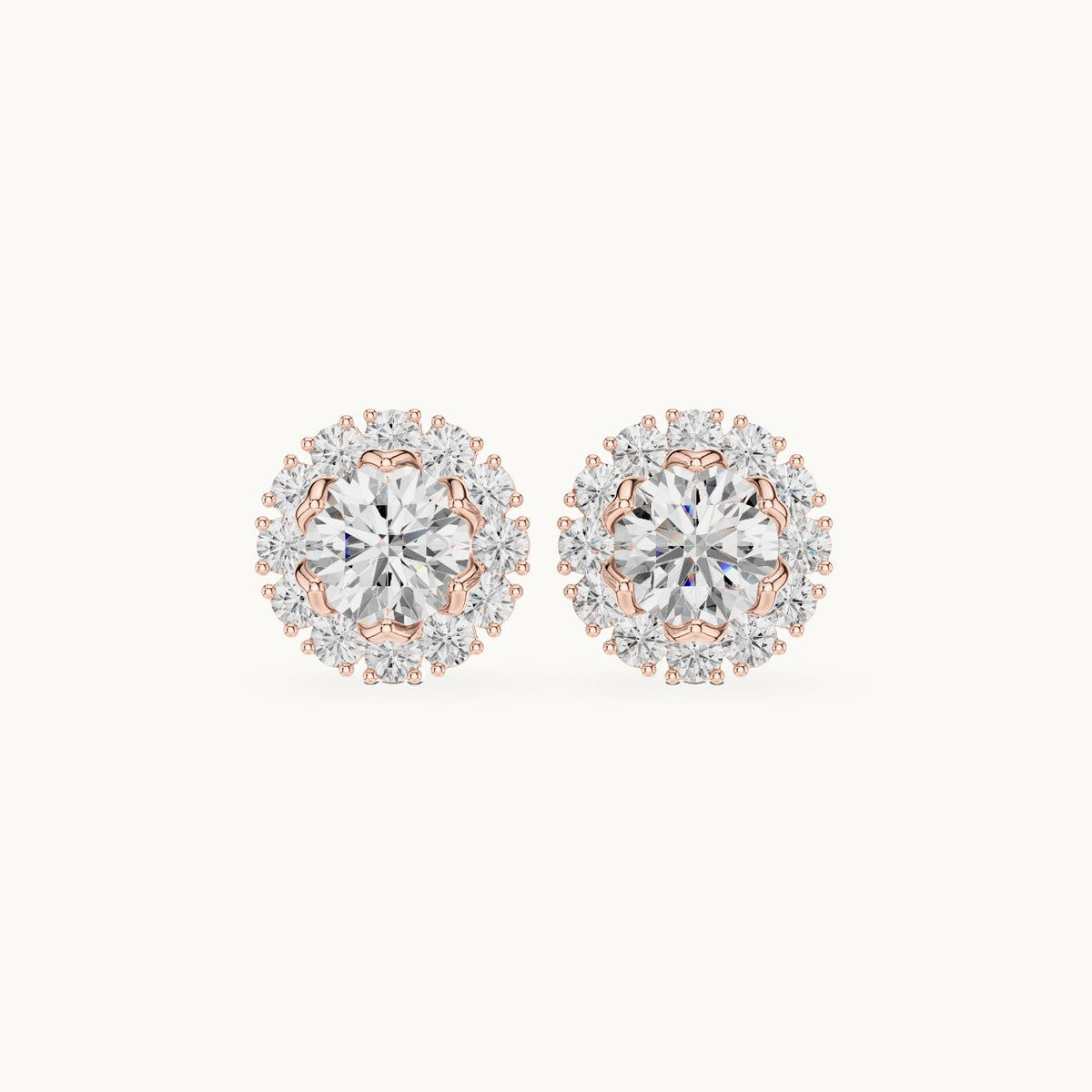 Round lab-grown diamond halo stud earrings in rose gold, 2.54 CT TW, view 4