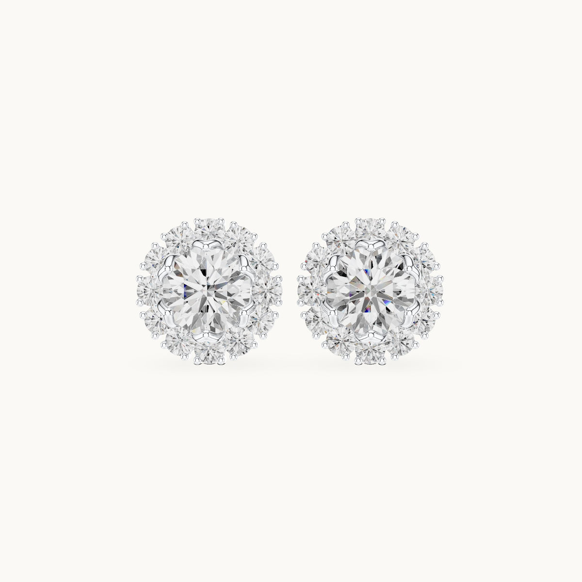 Round lab-grown diamond halo stud earrings in white gold, 2.54 CT TW, view 4