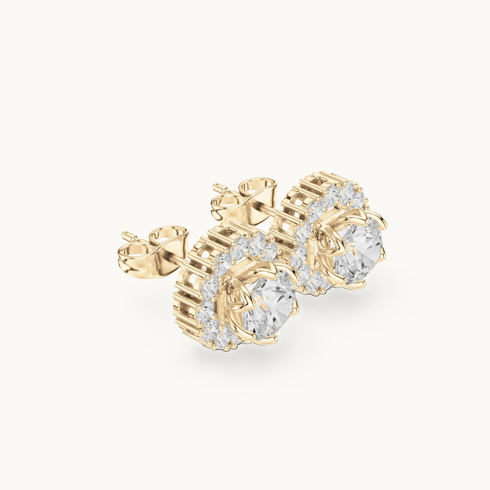 Round lab-grown diamond halo stud earrings in yellow gold, 2.54 CT TW, view 1
