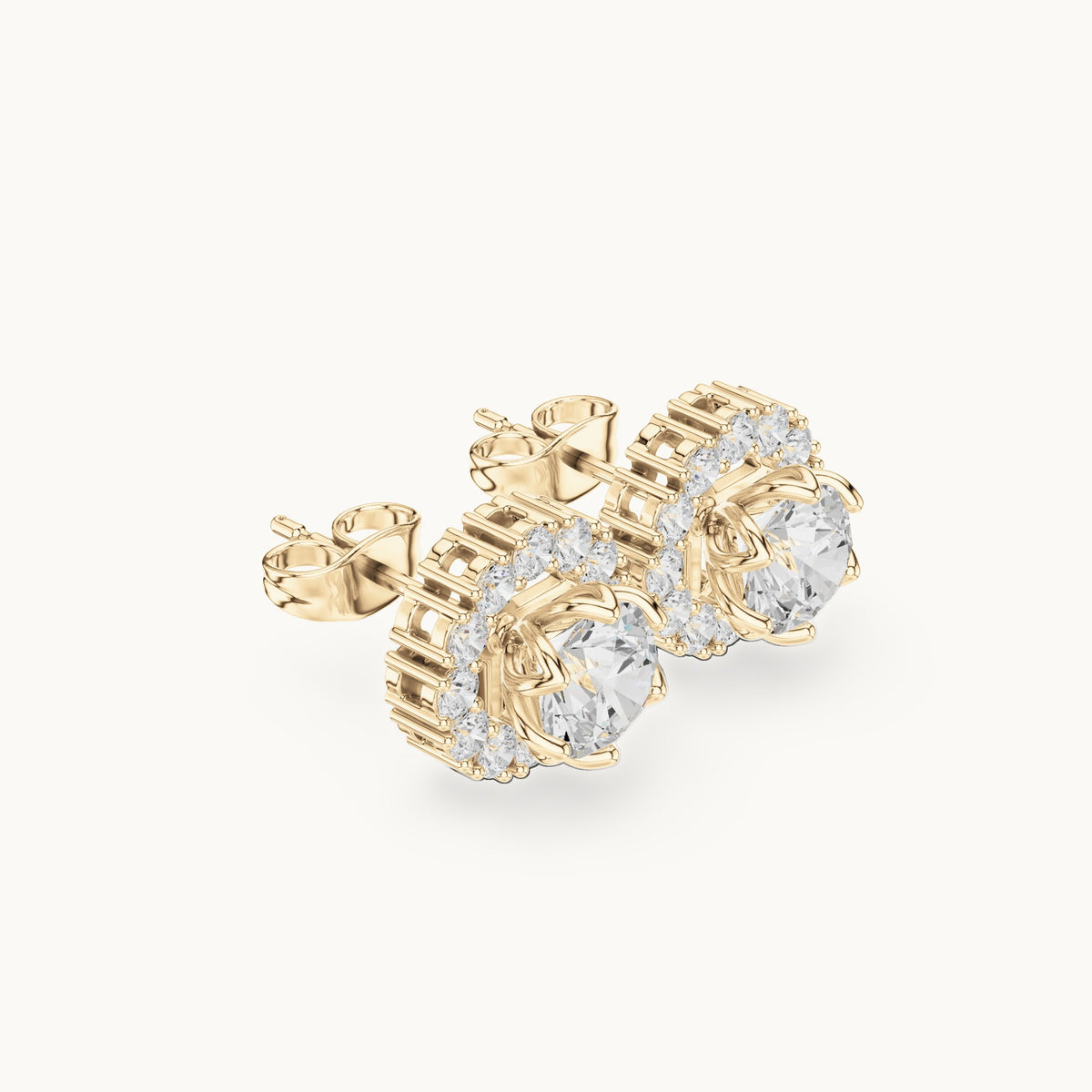 Round lab-grown diamond halo stud earrings in yellow gold, 2.54 CT TW, view 1