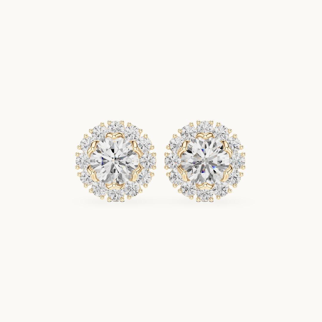 Round lab-grown diamond halo stud earrings in yellow gold, 2.54 CT TW, view 4