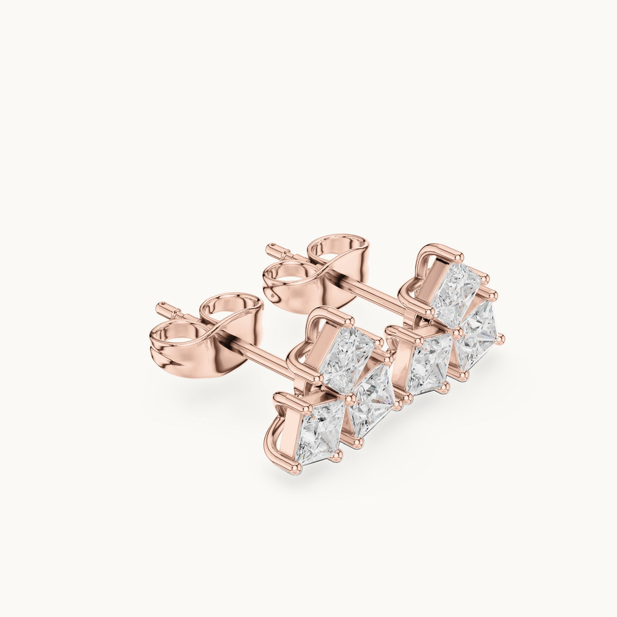 Princess-cut lab-grown diamond three-stone cluster stud earrings in rose gold, 0.82 CT TW, view 1