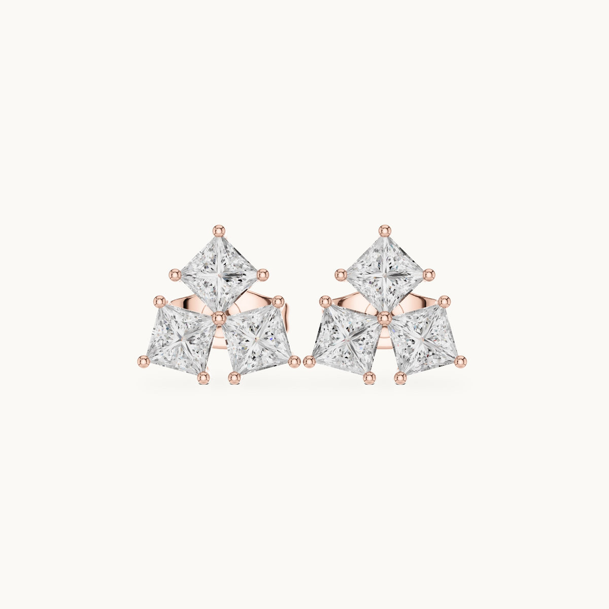 Princess-cut lab-grown diamond three-stone cluster stud earrings in rose gold, 0.82 CT TW, view 4