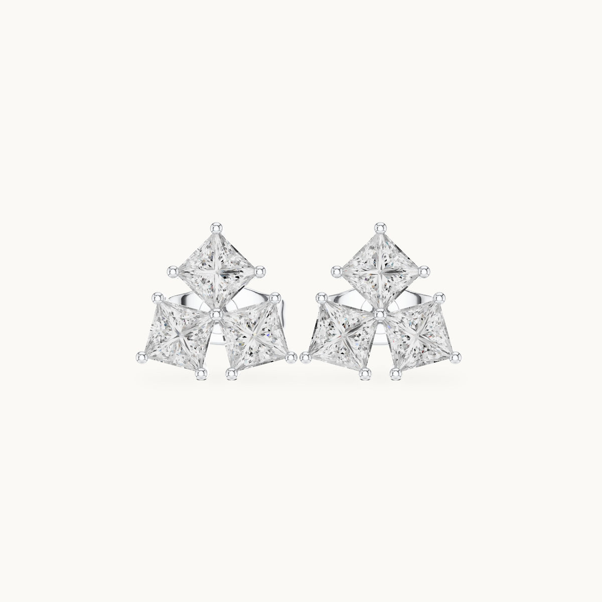 Princess-cut lab-grown diamond three-stone cluster stud earrings in white gold, 0.82 CT TW, view 4