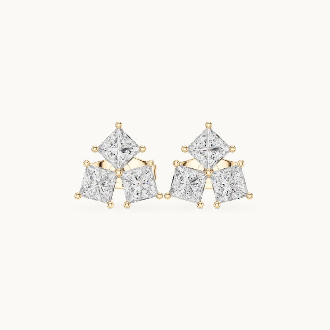 Princess-cut lab-grown diamond three-stone cluster stud earrings in yellow gold, 0.82 CT TW, view 4