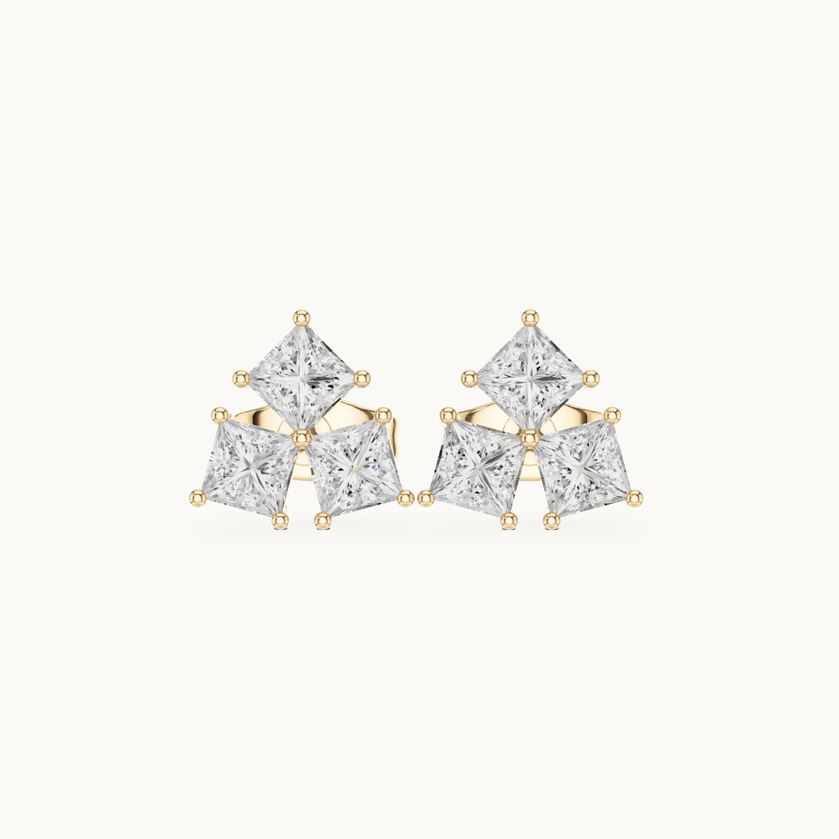 Princess-cut lab-grown diamond three-stone cluster stud earrings in yellow gold, 0.82 CT TW, view 4