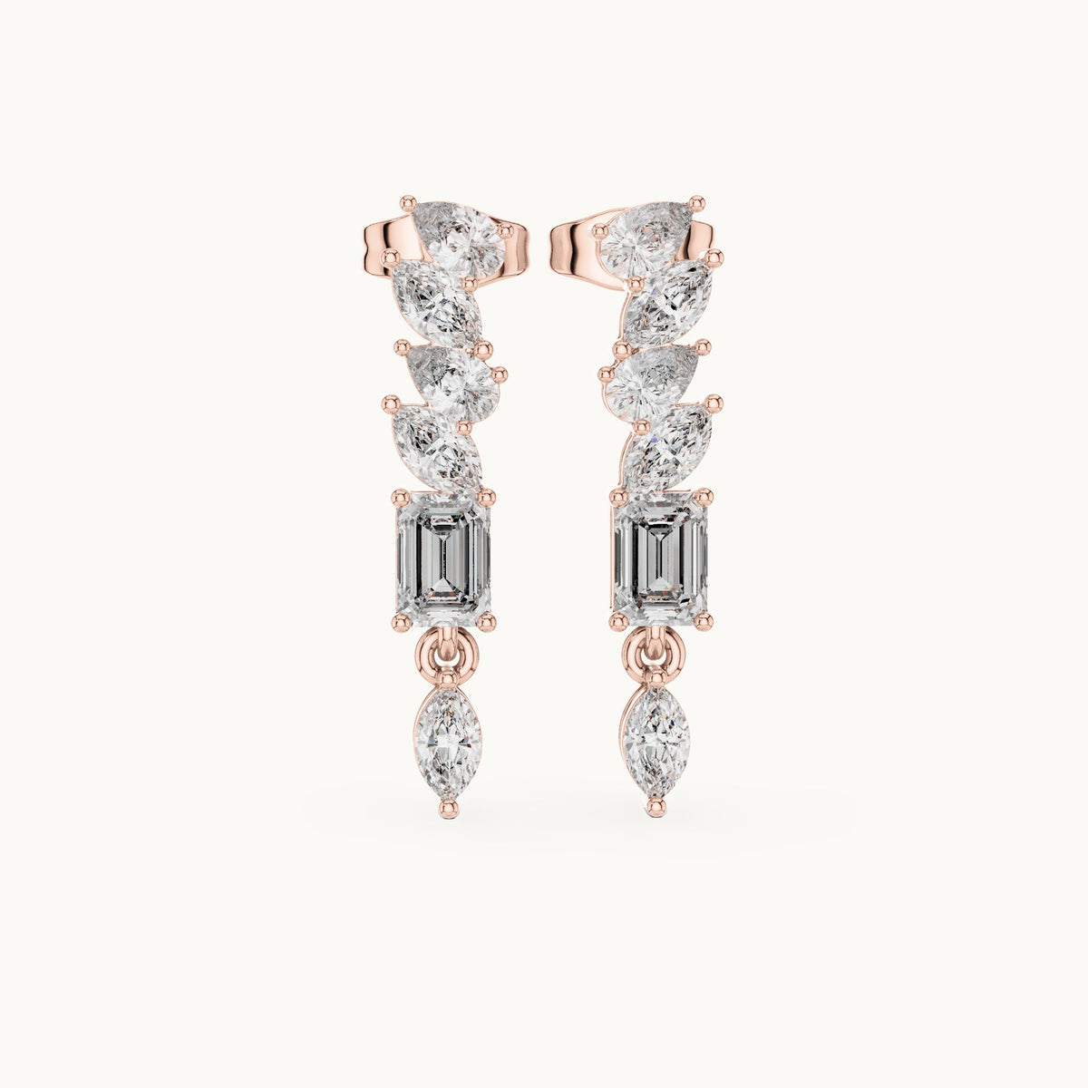 Emerald-cut, marquise and pear lab-grown diamond linear drop earrings in rose gold, 1.60 CT TW, view 4