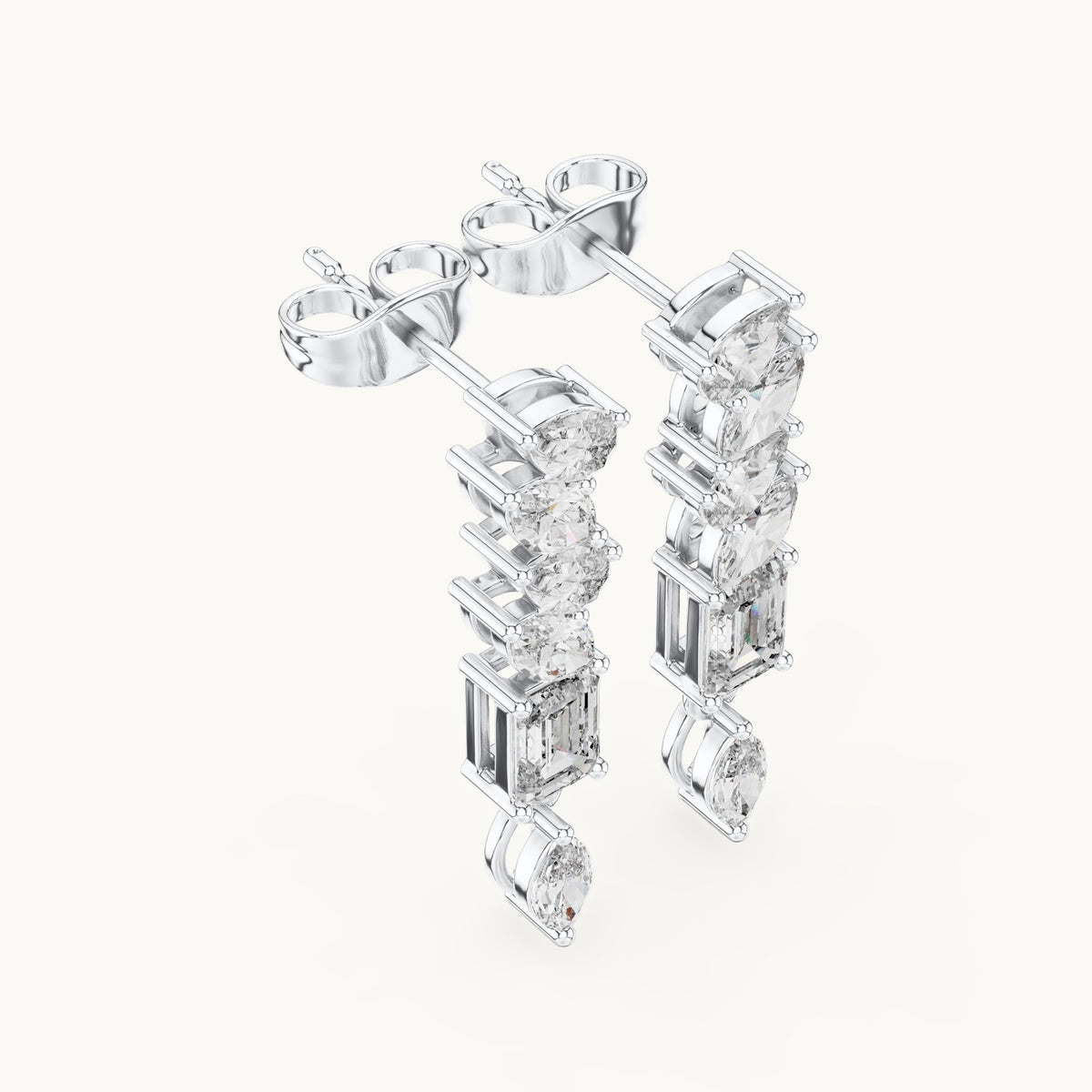 Emerald-cut, marquise and pear lab-grown diamond linear drop earrings in white gold, 1.60 CT TW, view 2