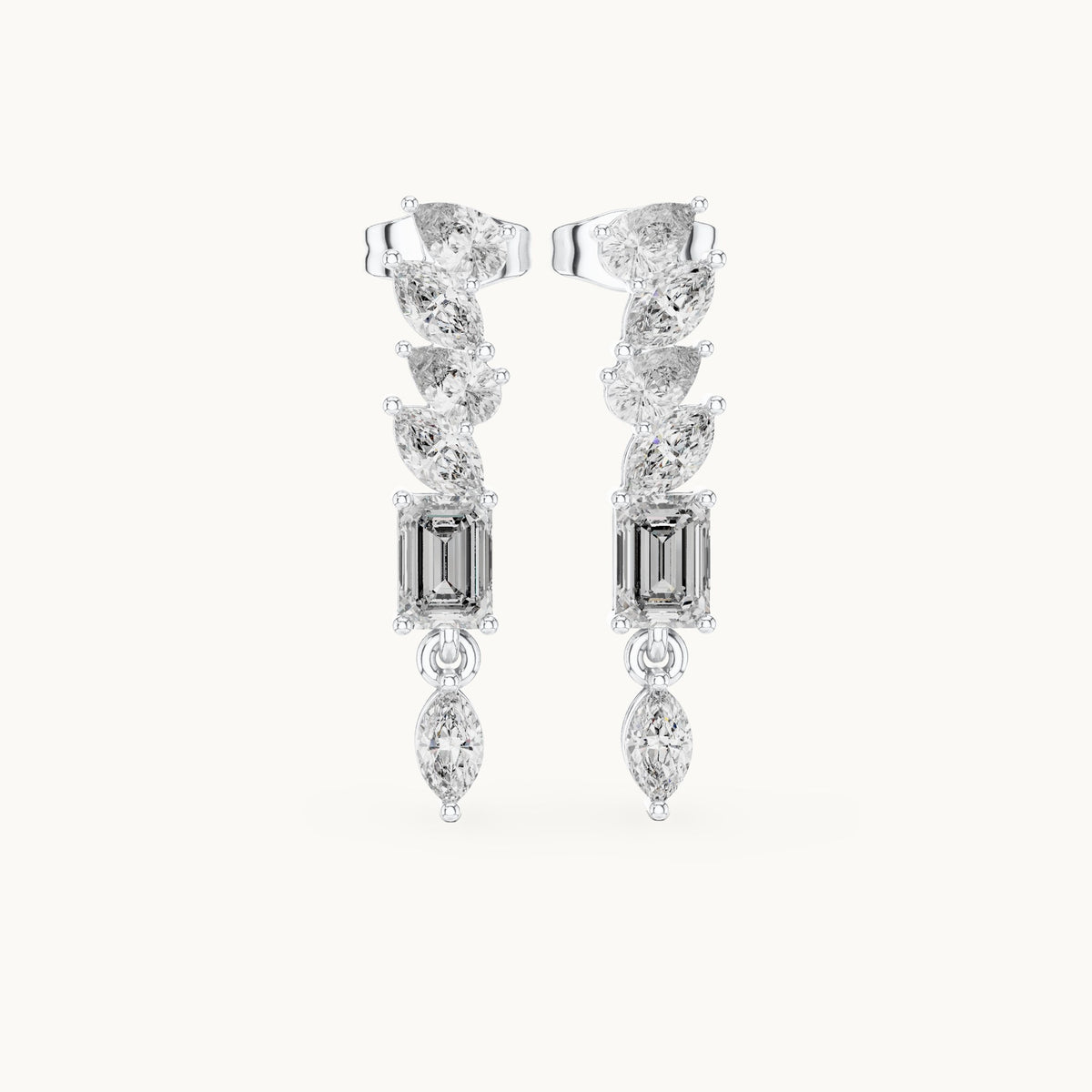 Emerald-cut, marquise and pear lab-grown diamond linear drop earrings in white gold, 1.60 CT TW, view 4