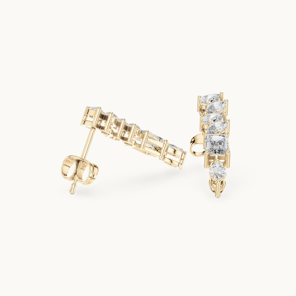 Emerald-cut, marquise and pear lab-grown diamond linear drop earrings in yellow gold, 1.60 CT TW, view 1