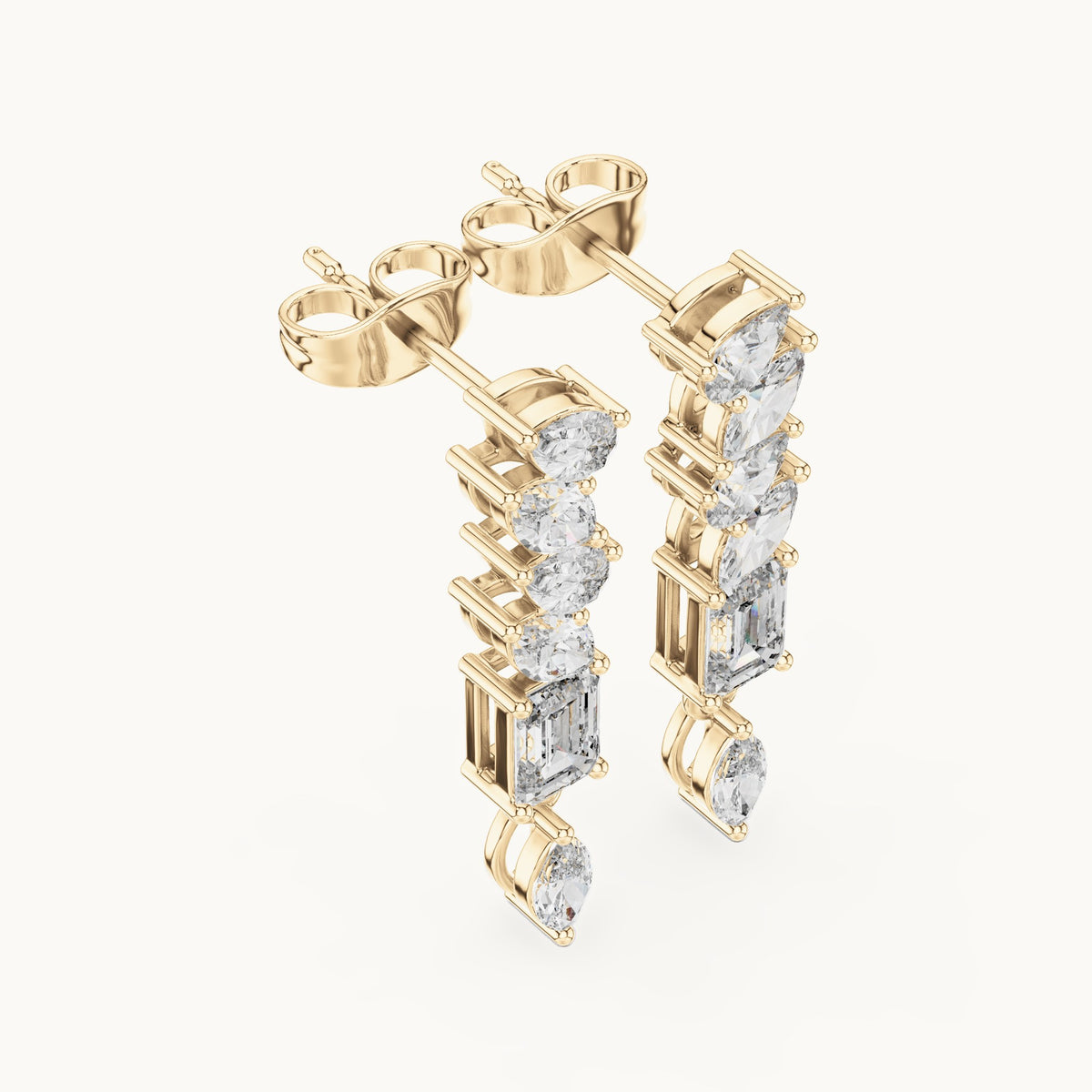 Emerald-cut, marquise and pear lab-grown diamond linear drop earrings in yellow gold, 1.60 CT TW, view 2