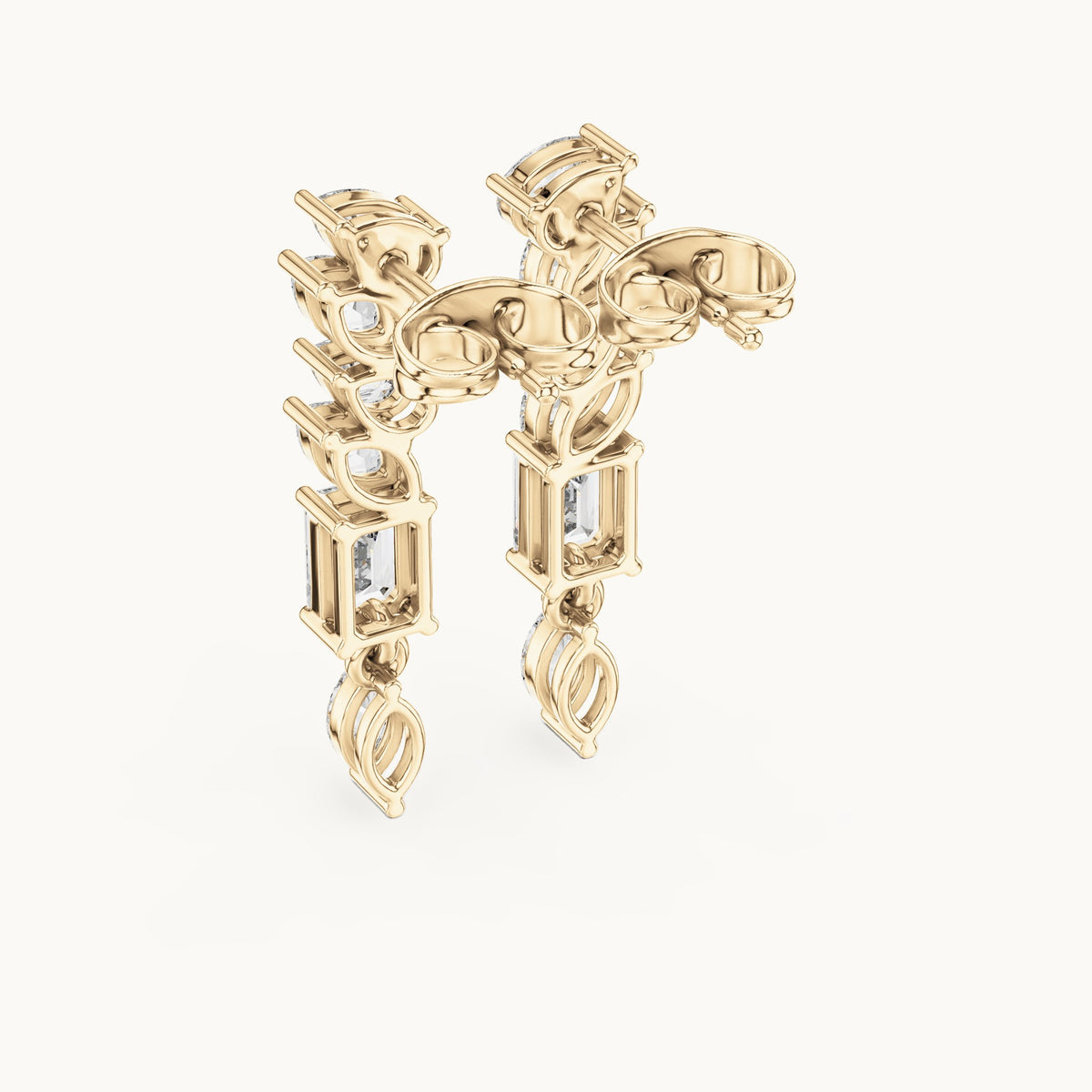 Emerald-cut, marquise and pear lab-grown diamond linear drop earrings in yellow gold, 1.60 CT TW, view 3