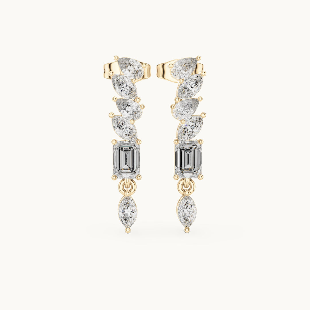 Emerald-cut, marquise and pear lab-grown diamond linear drop earrings in yellow gold, 1.60 CT TW, view 4