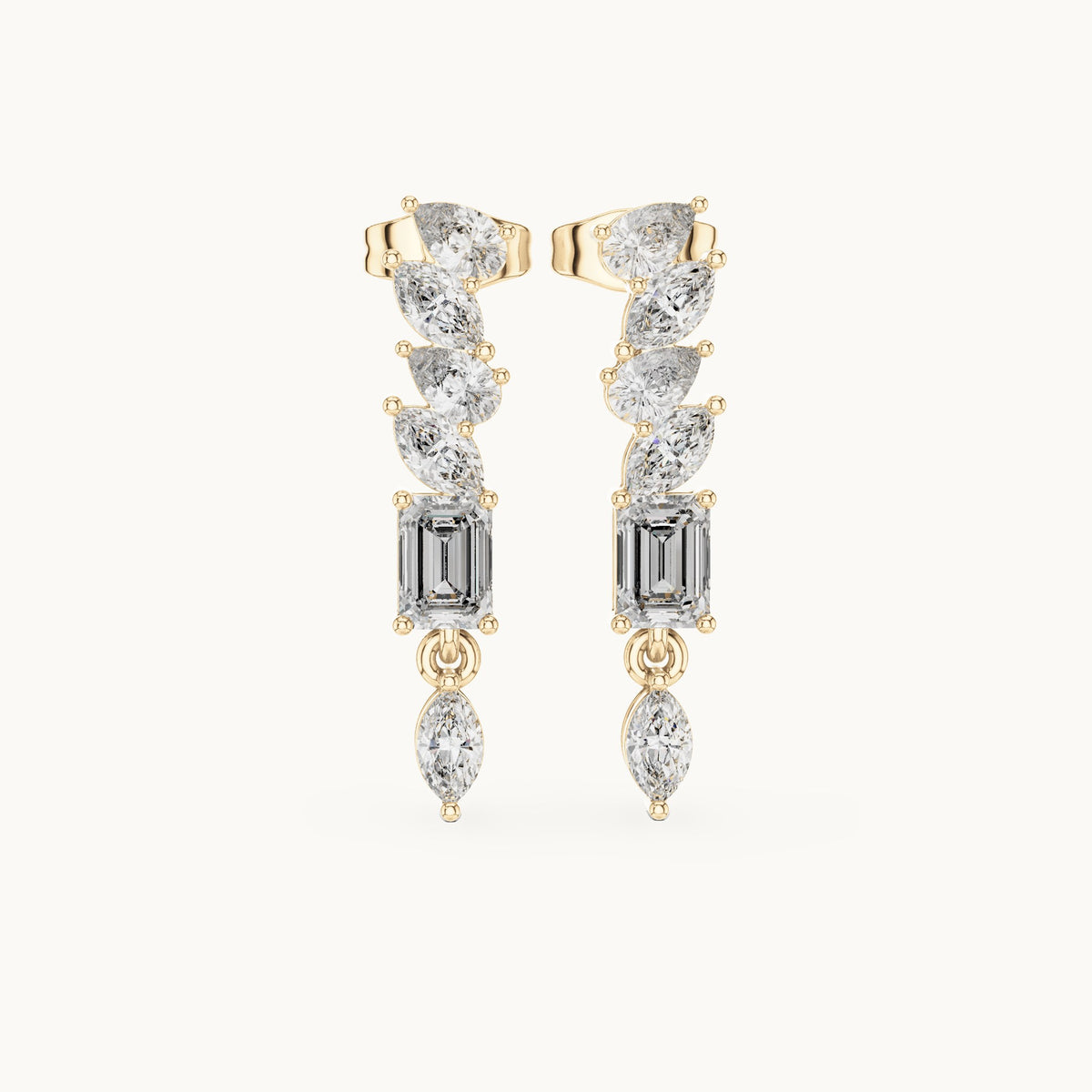 Emerald-cut, marquise and pear lab-grown diamond linear drop earrings in yellow gold, 1.60 CT TW, view 4