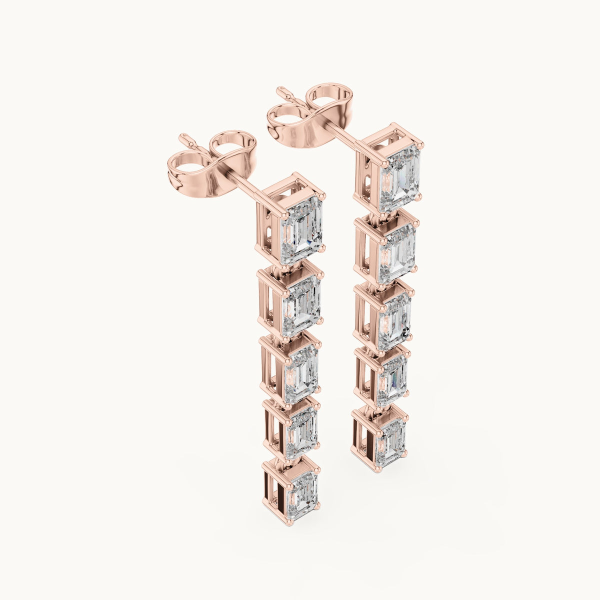 Emerald-cut lab-grown diamond linear drop earrings in rose gold, 2.75 CT TW, view 2
