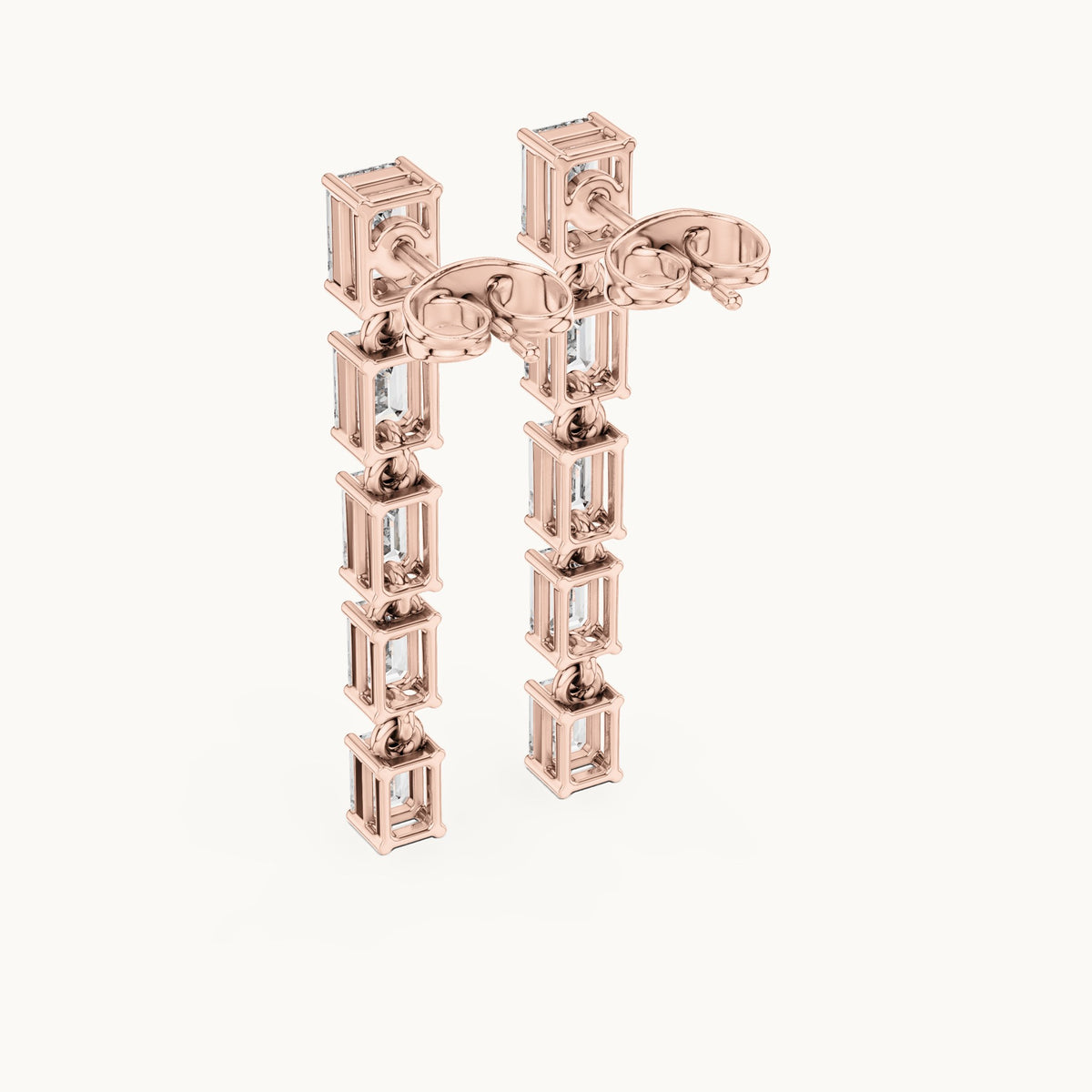 Emerald-cut lab-grown diamond linear drop earrings in rose gold, 2.75 CT TW, view 3