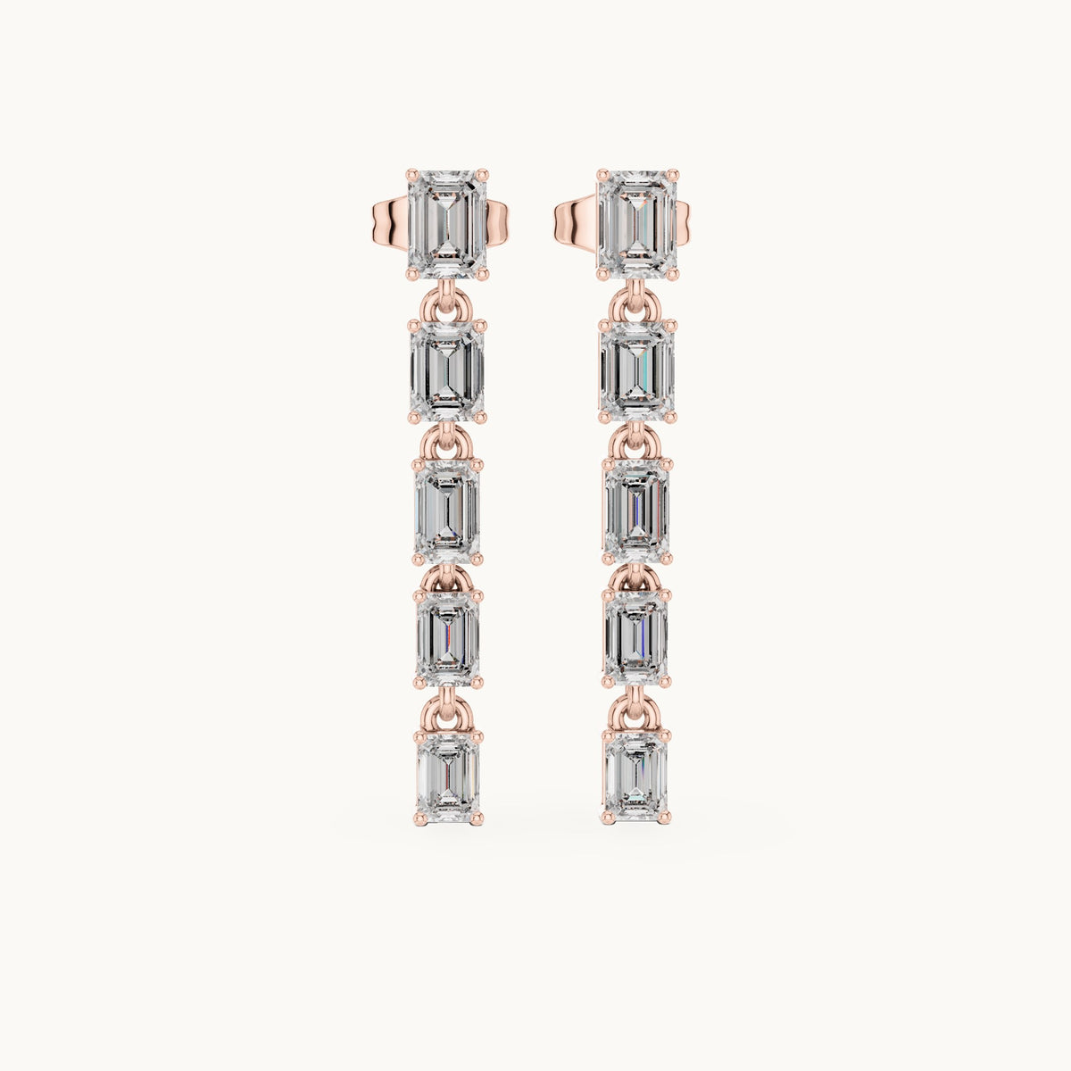 Emerald-cut lab-grown diamond linear drop earrings in rose gold, 2.75 CT TW, view 4