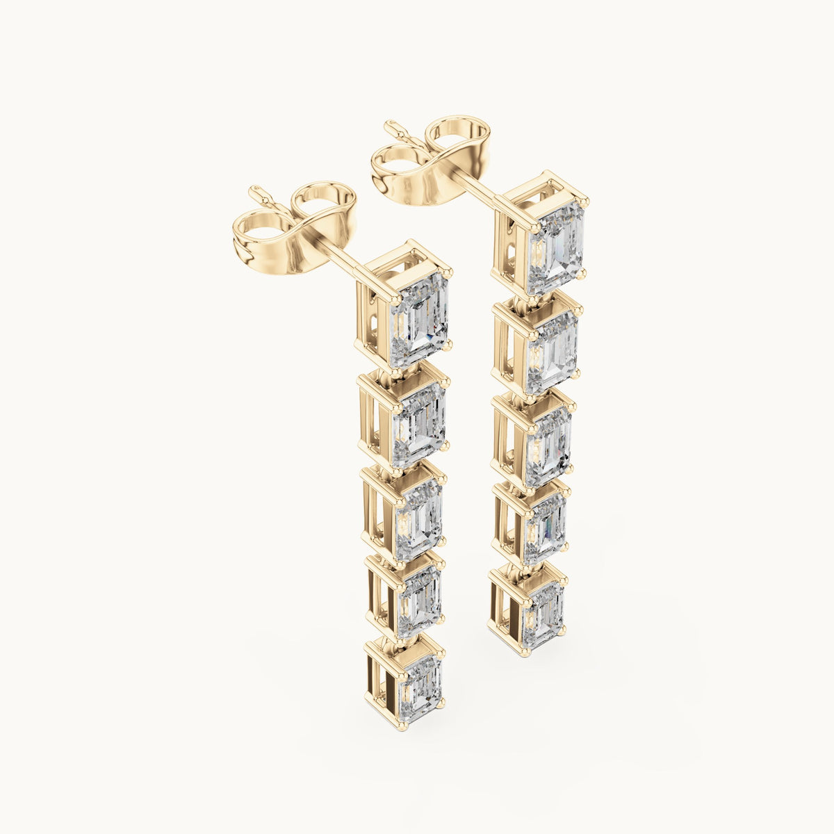 Emerald-cut lab-grown diamond linear drop earrings in yellow gold, 2.75 CT TW, view 2