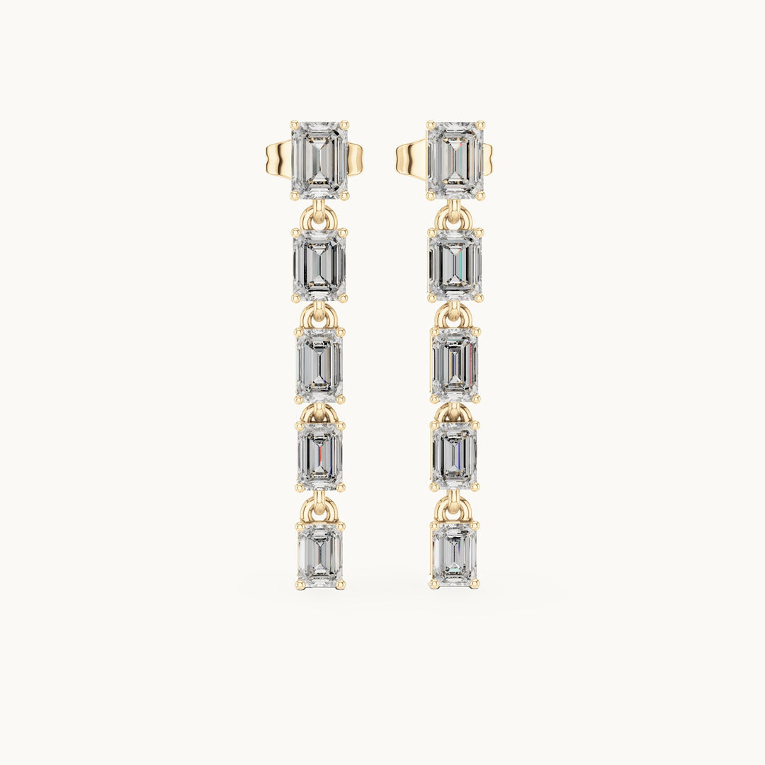 Emerald-cut lab-grown diamond linear drop earrings in yellow gold, 2.75 CT TW, view 4