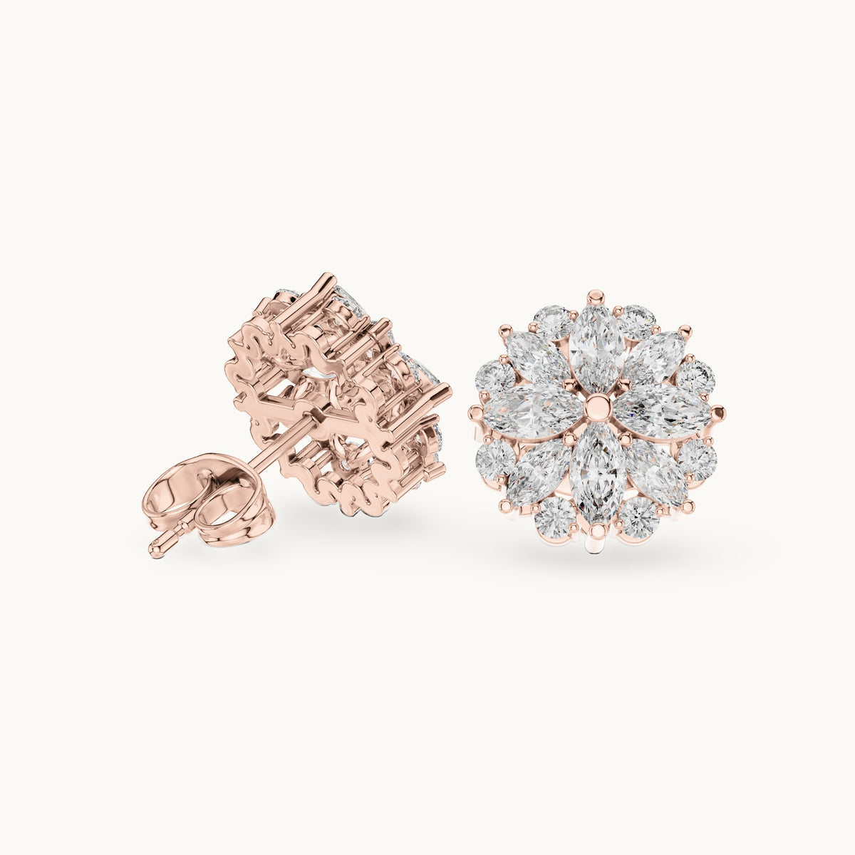 Marquise and round lab-grown diamond flower cluster stud earrings in rose gold, 1.64 CT TW, view 1