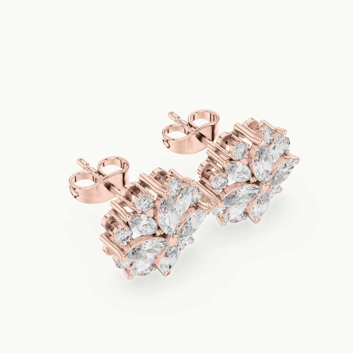 Marquise and round lab-grown diamond flower cluster stud earrings in rose gold, 1.64 CT TW, view 2