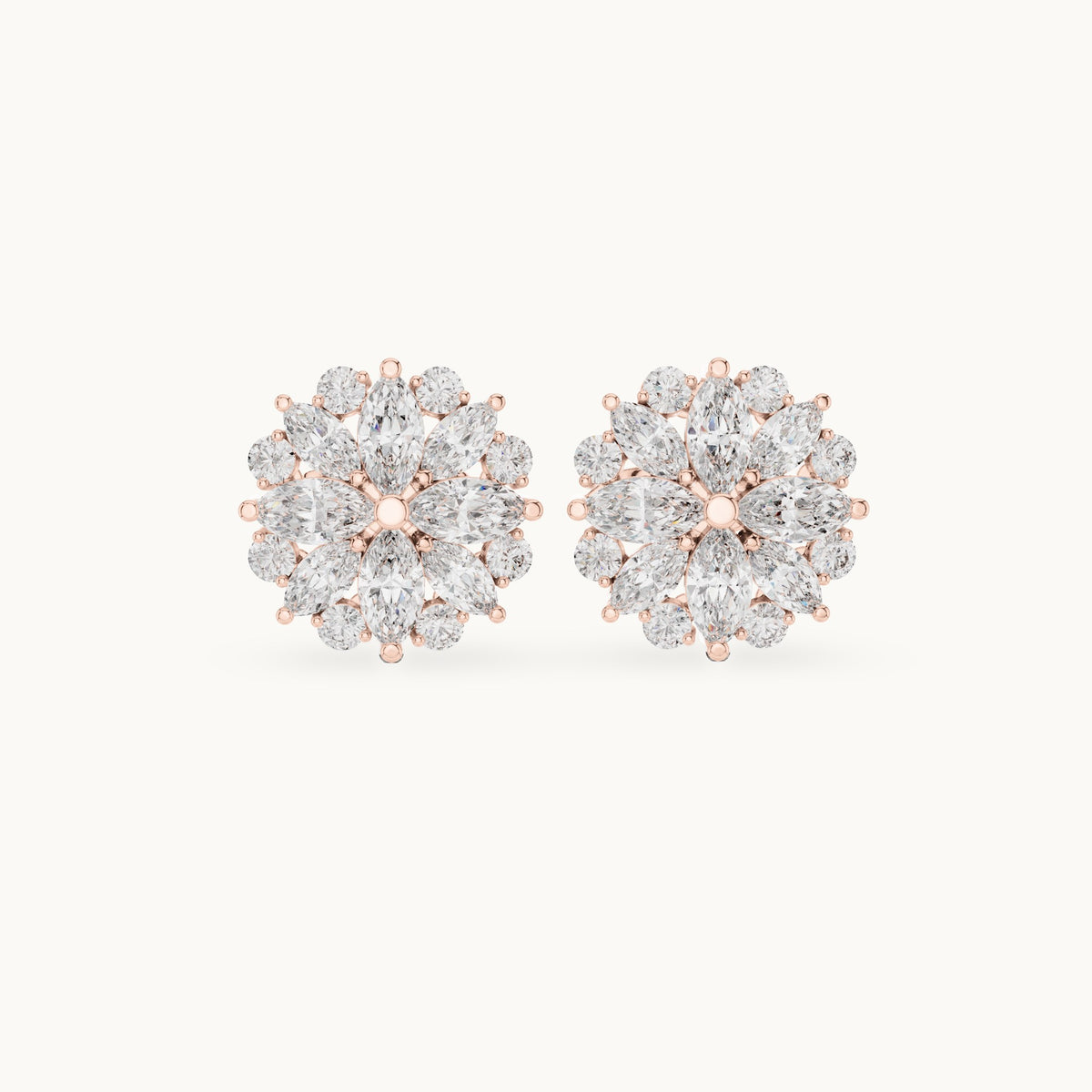 Marquise and round lab-grown diamond flower cluster stud earrings in rose gold, 1.64 CT TW, view 4