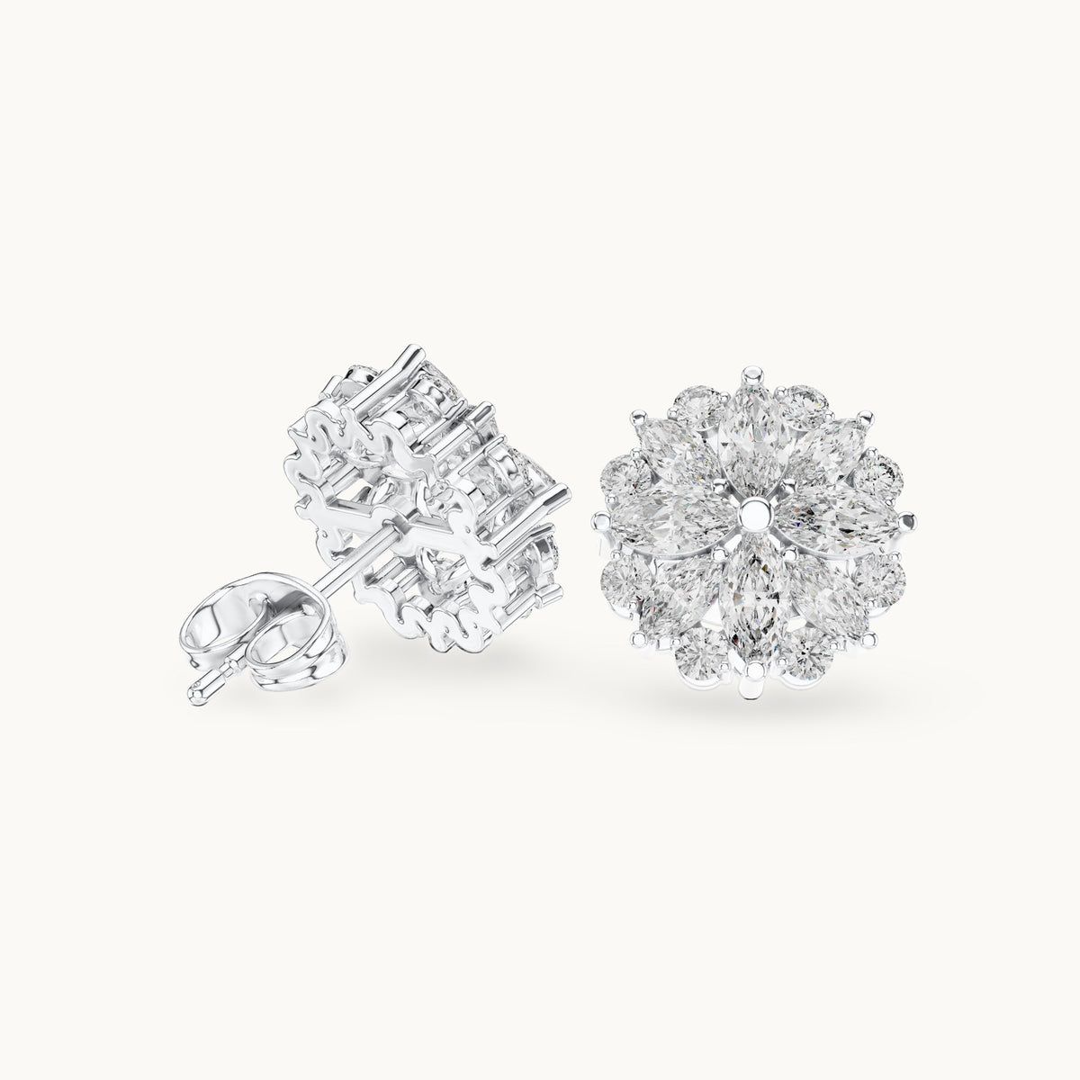 Marquise and round lab-grown diamond flower cluster stud earrings in white gold, 1.64 CT TW, view 1