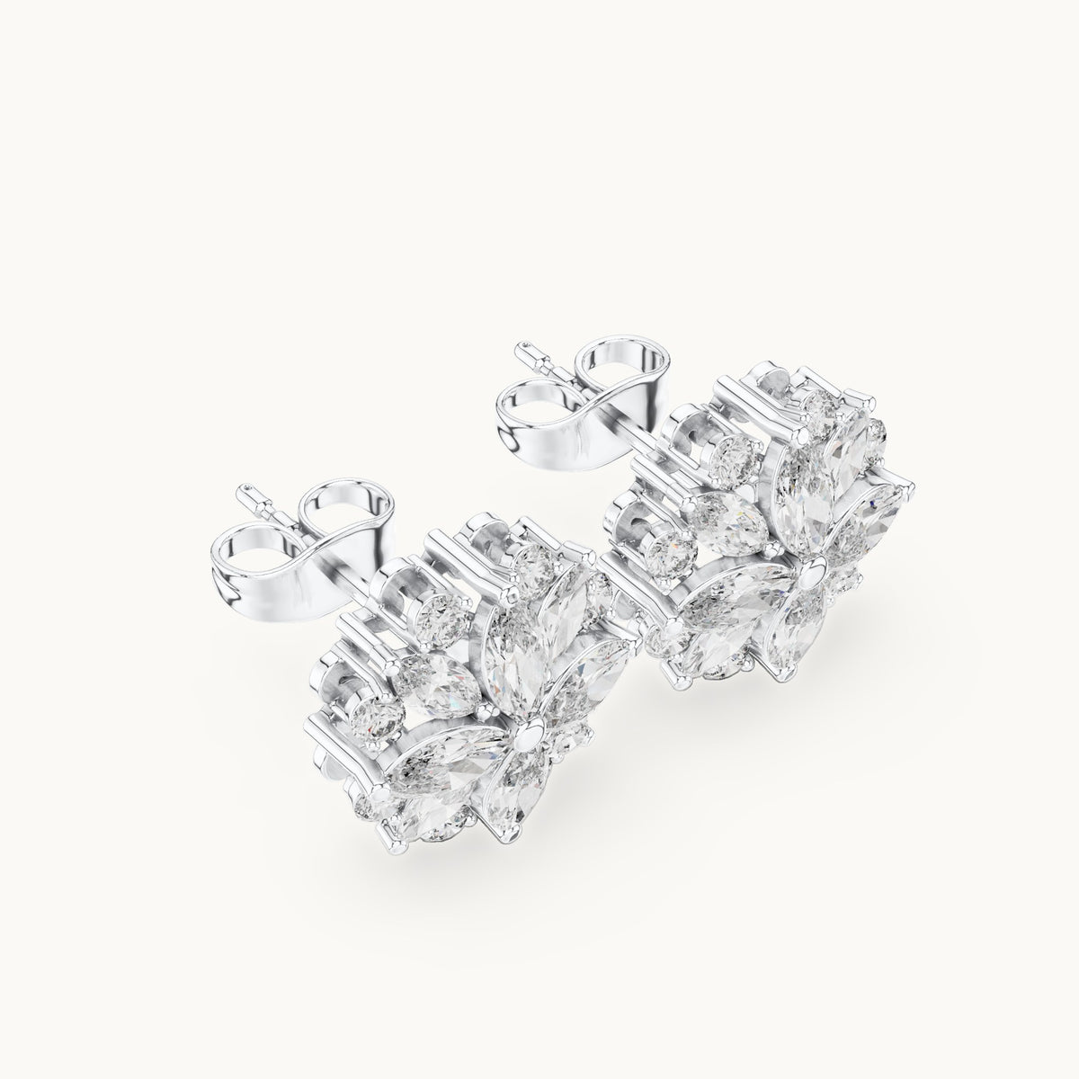 Marquise and round lab-grown diamond flower cluster stud earrings in white gold, 1.64 CT TW, view 2