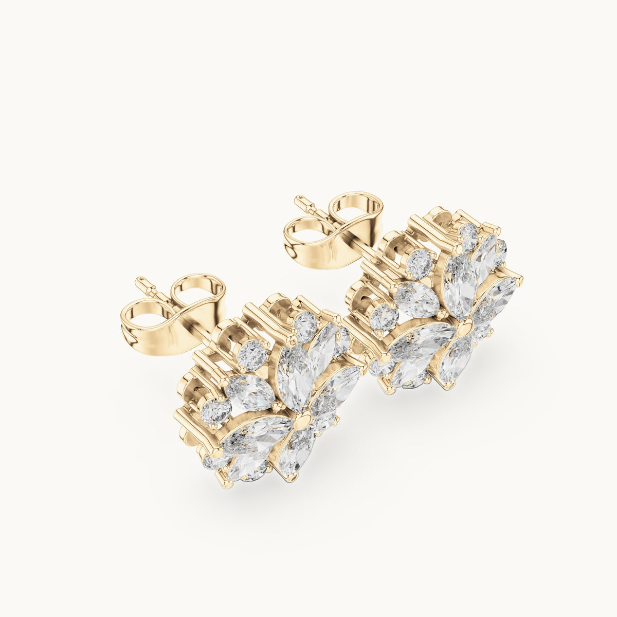 Marquise and round lab-grown diamond flower cluster stud earrings in yellow gold, 1.64 CT TW, view 2