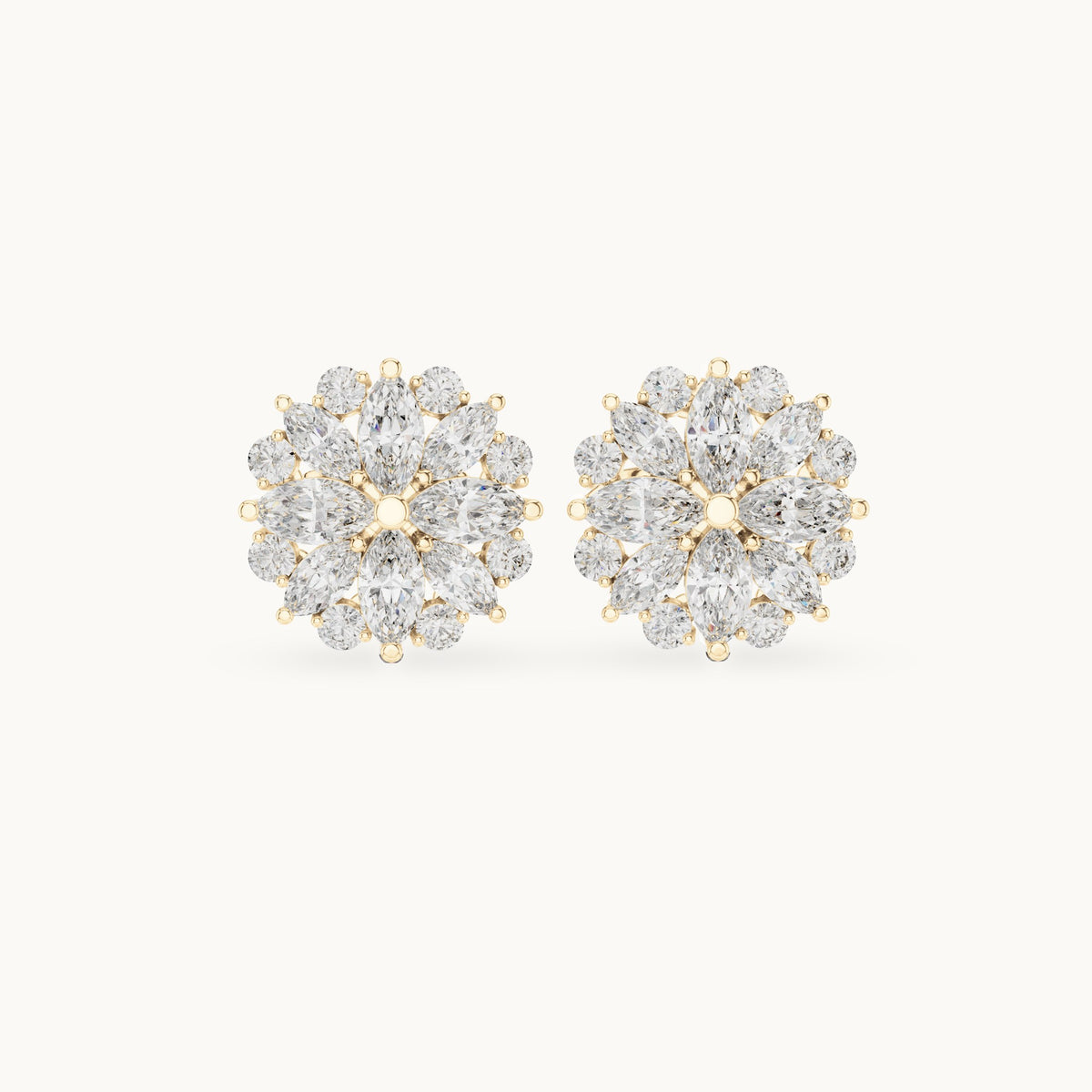 Marquise and round lab-grown diamond flower cluster stud earrings in yellow gold, 1.64 CT TW, view 4