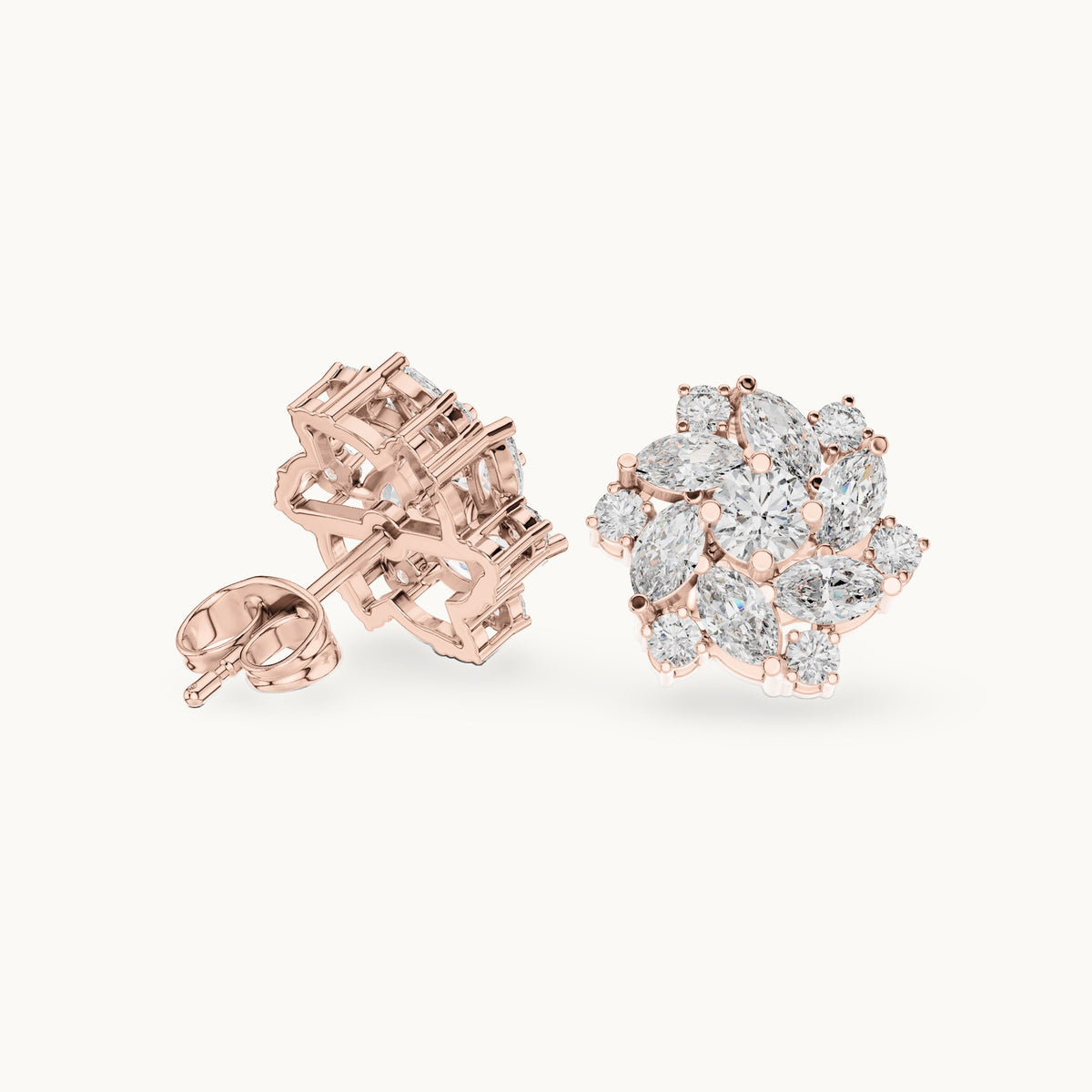 Marquise and round lab-grown diamond floral halo stud earrings in rose gold, 1.94 CT TW, view 1