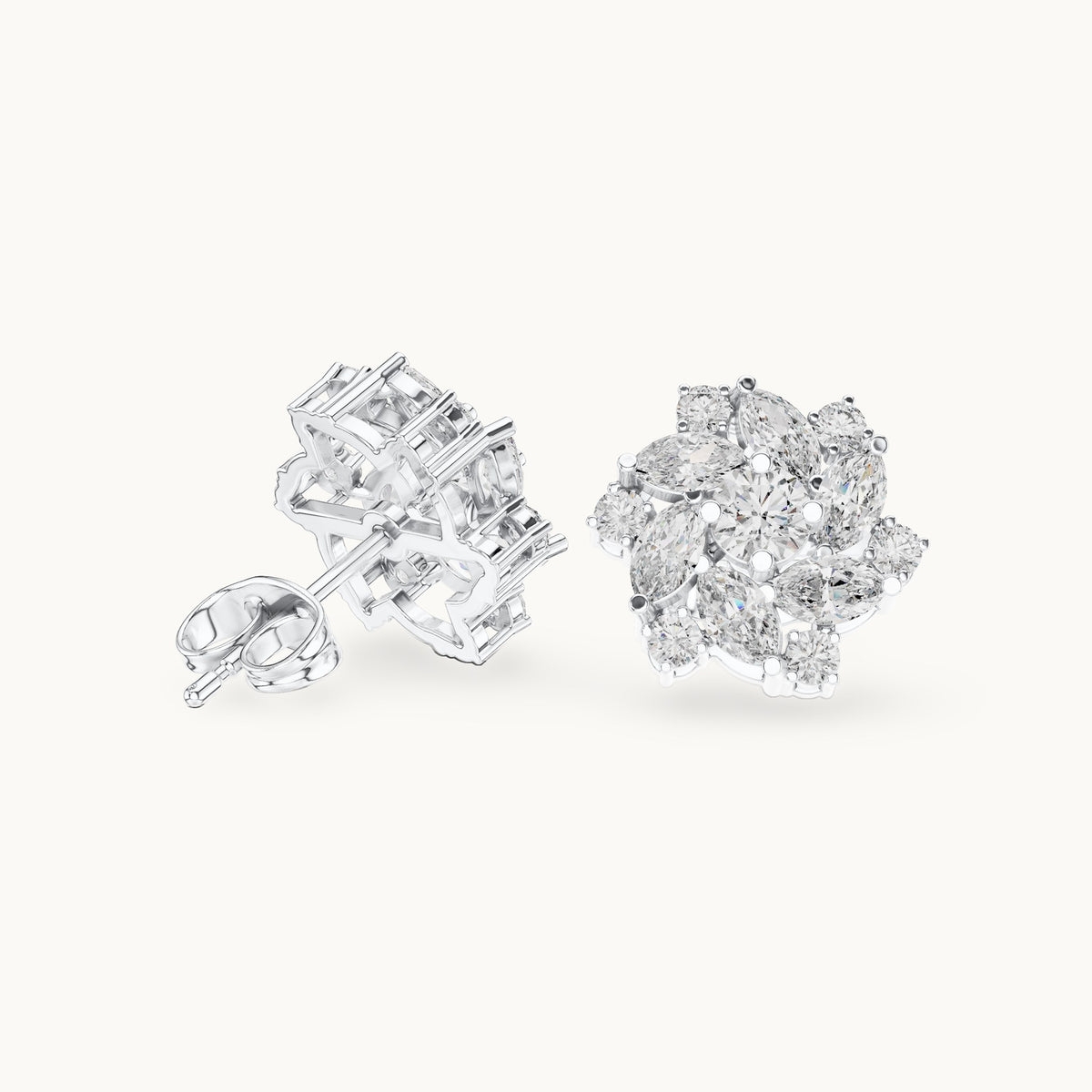 Marquise and round lab-grown diamond floral halo stud earrings in white gold, 1.94 CT TW, view 1