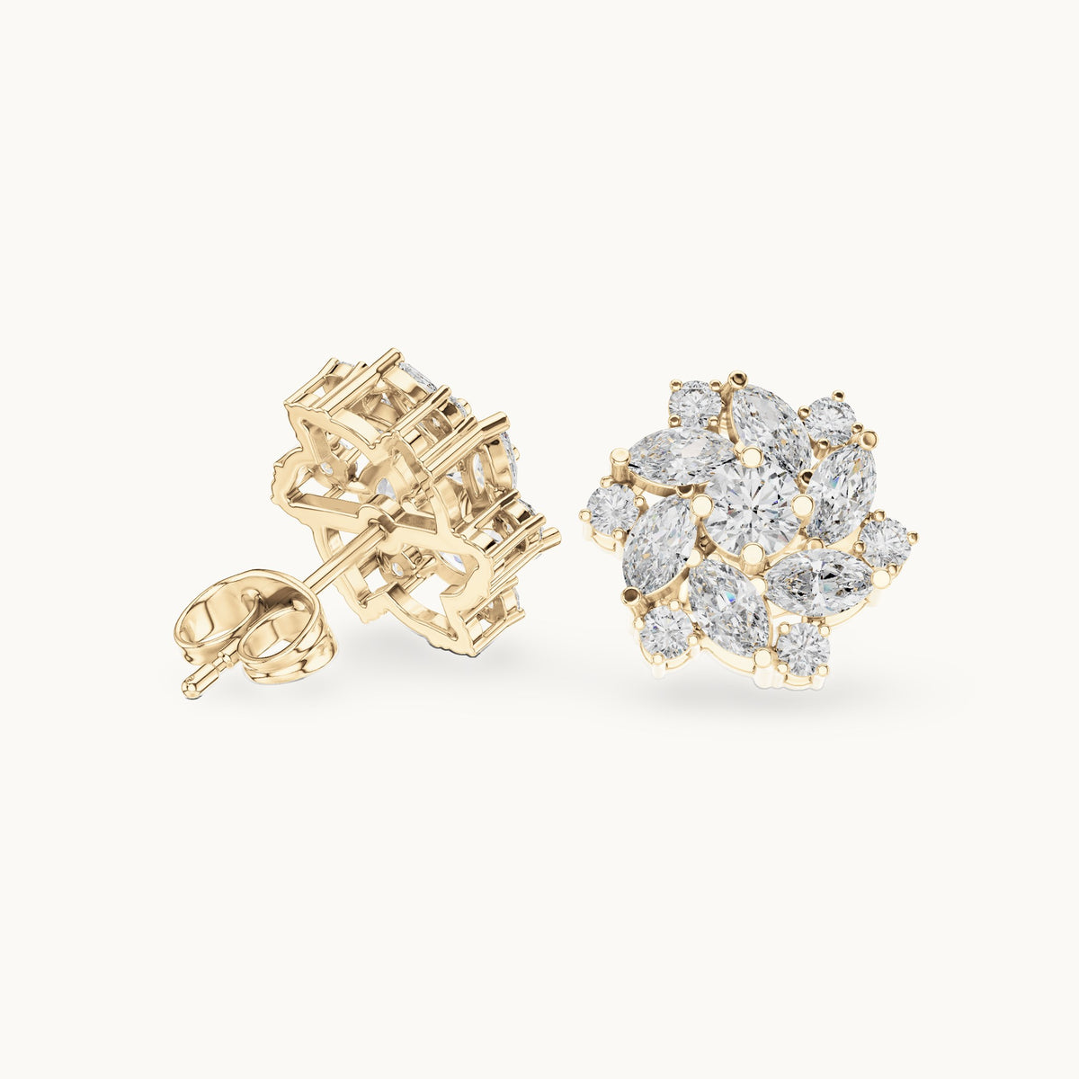 Marquise and round lab-grown diamond floral halo stud earrings in yellow gold, 1.94 CT TW, view 1